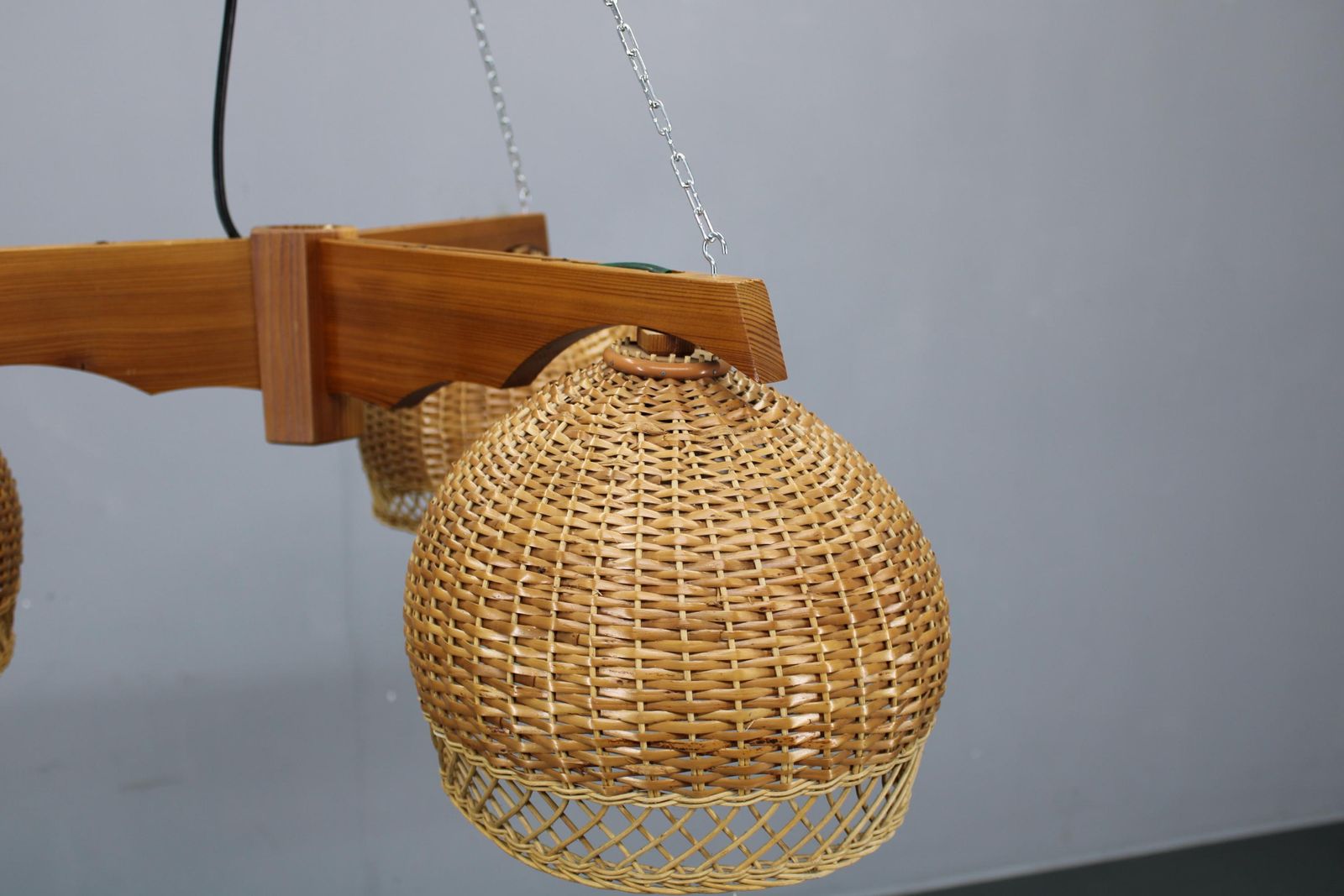 1970s Czechoslovakian Rattan & Pine Pendant Light, Three Shade Chandelier photo buy
