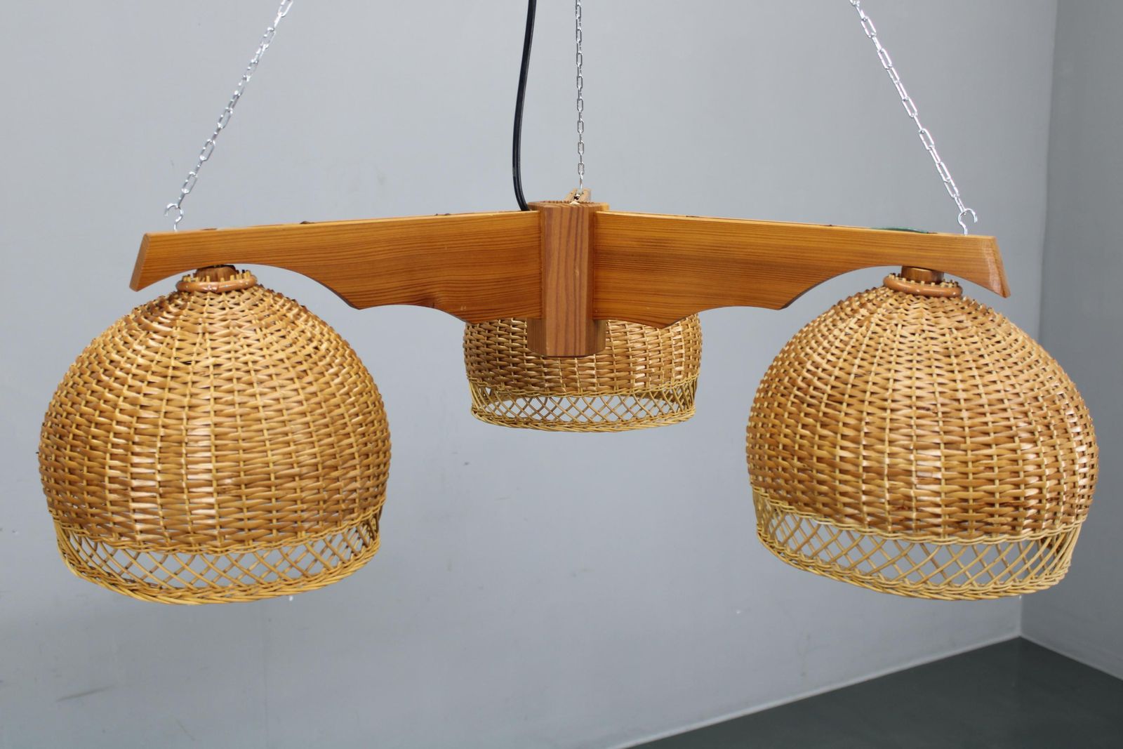 1970s Czechoslovakian Rattan & Pine Pendant Light, Three Shade Chandelier photo vintage