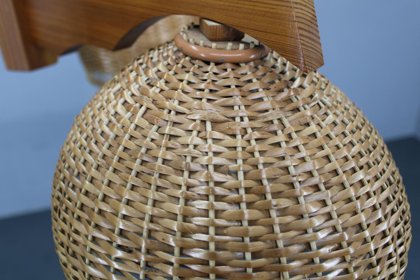 photo furniture 1970s Czechoslovakian Rattan & Pine Pendant Light, Three Shade Chandelier