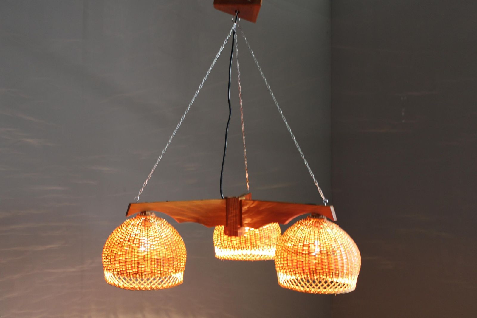 photo buy 1970s Czechoslovakian Rattan & Pine Pendant Light, Three Shade Chandelier