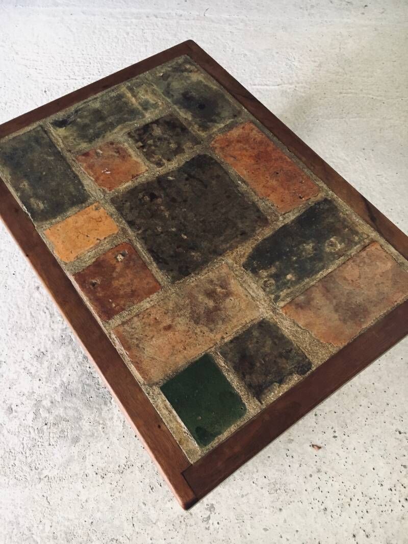 photo vintage Brutalist Rustic Design Slate Tile & Oak Coffee Table, Belgium 1960's