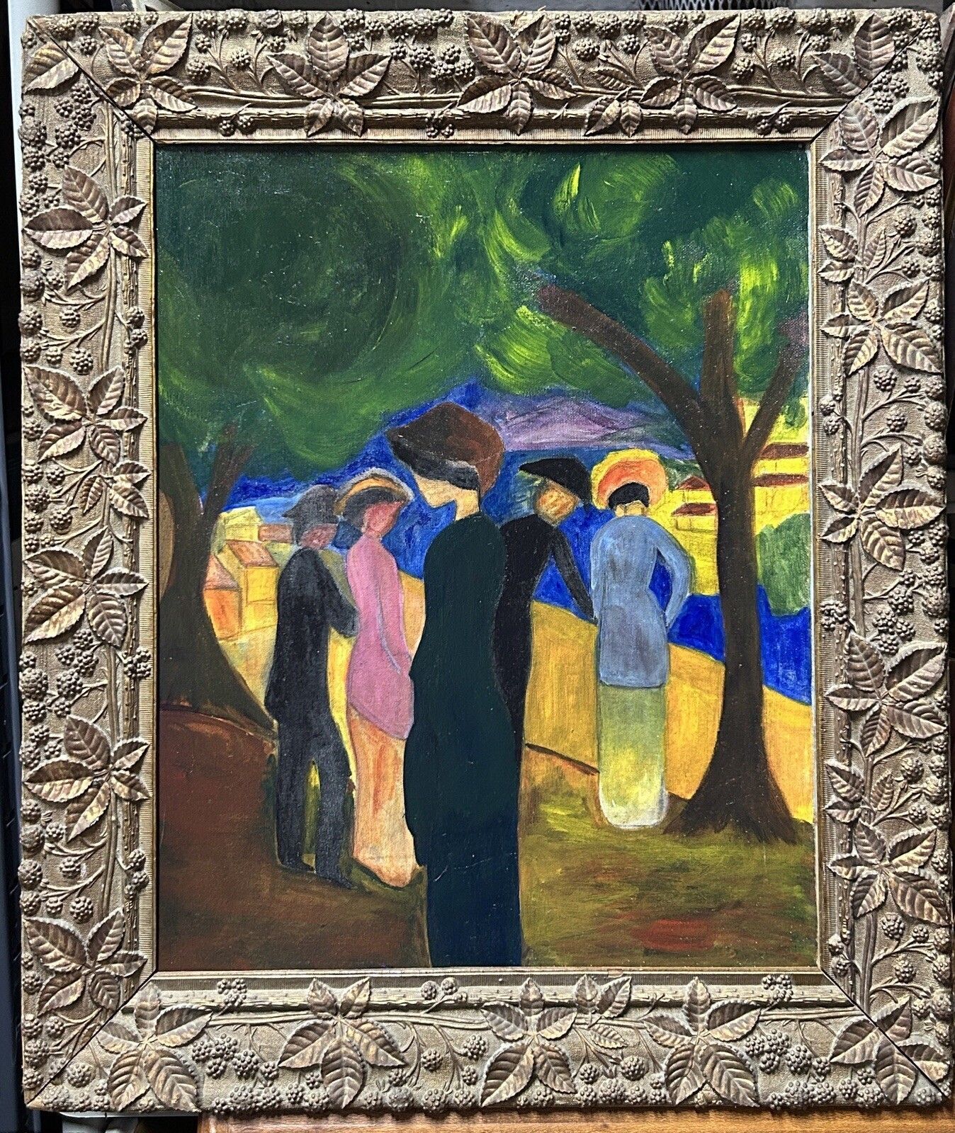 Expressionist Oil On Cardboard – Landscape With Figures, Framed
