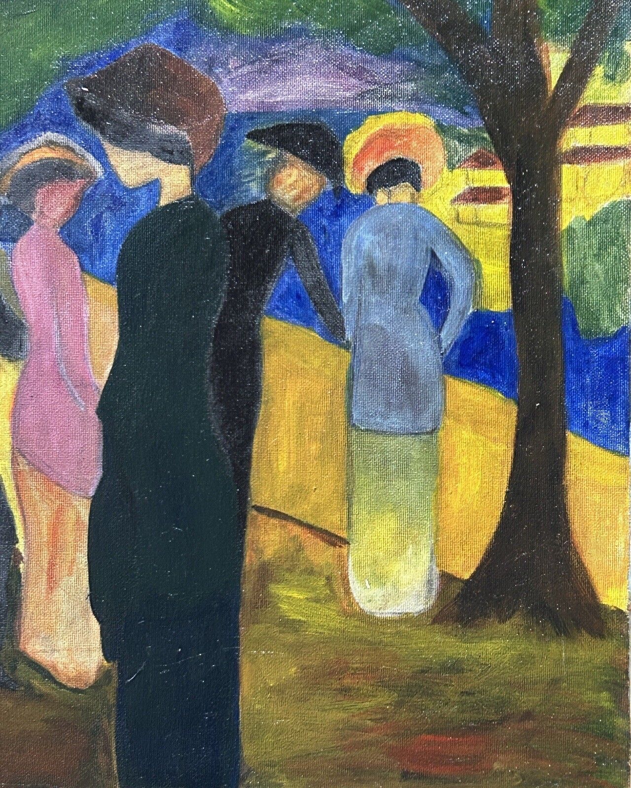 Expressionist Oil On Cardboard – Landscape With Figures, Framed photo Art