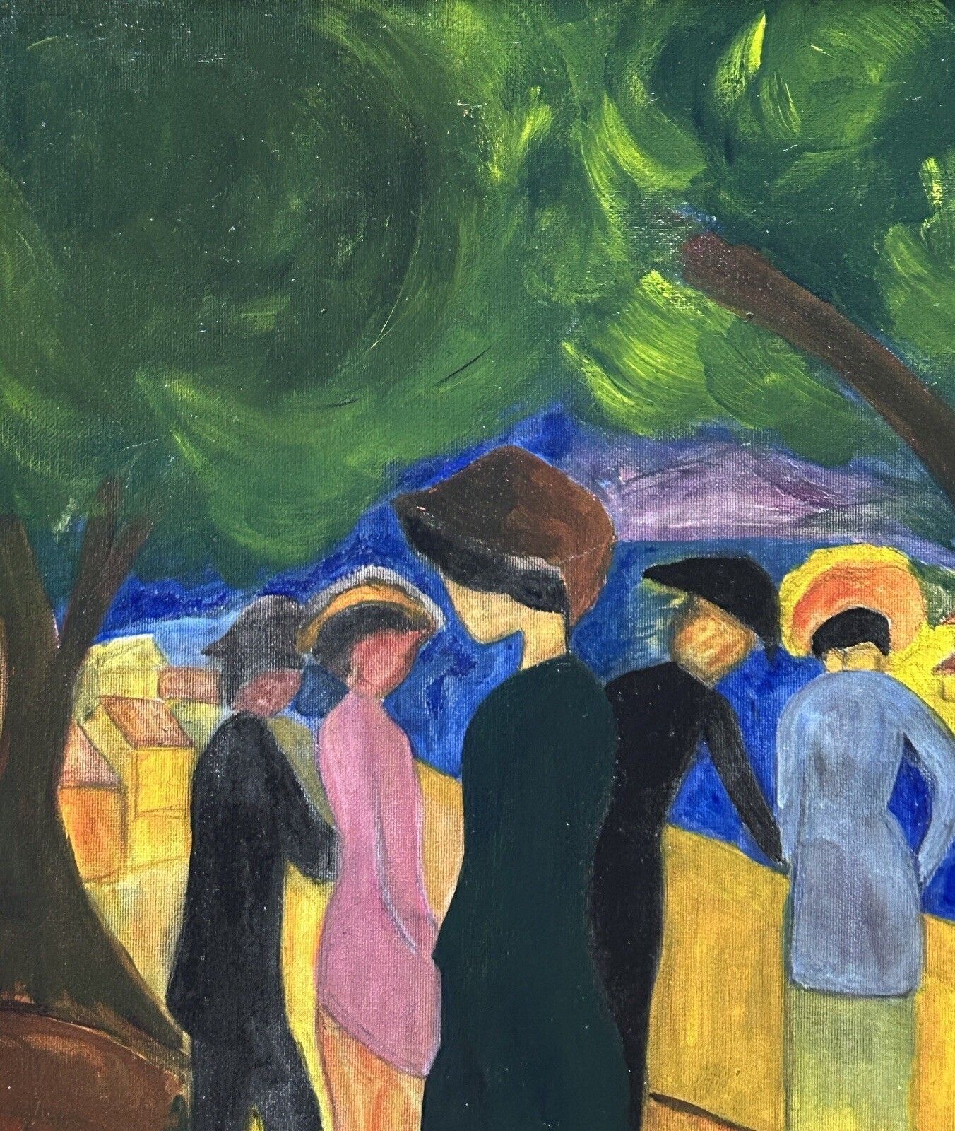 Expressionist Oil On Cardboard – Landscape With Figures, Framed photo vinterior