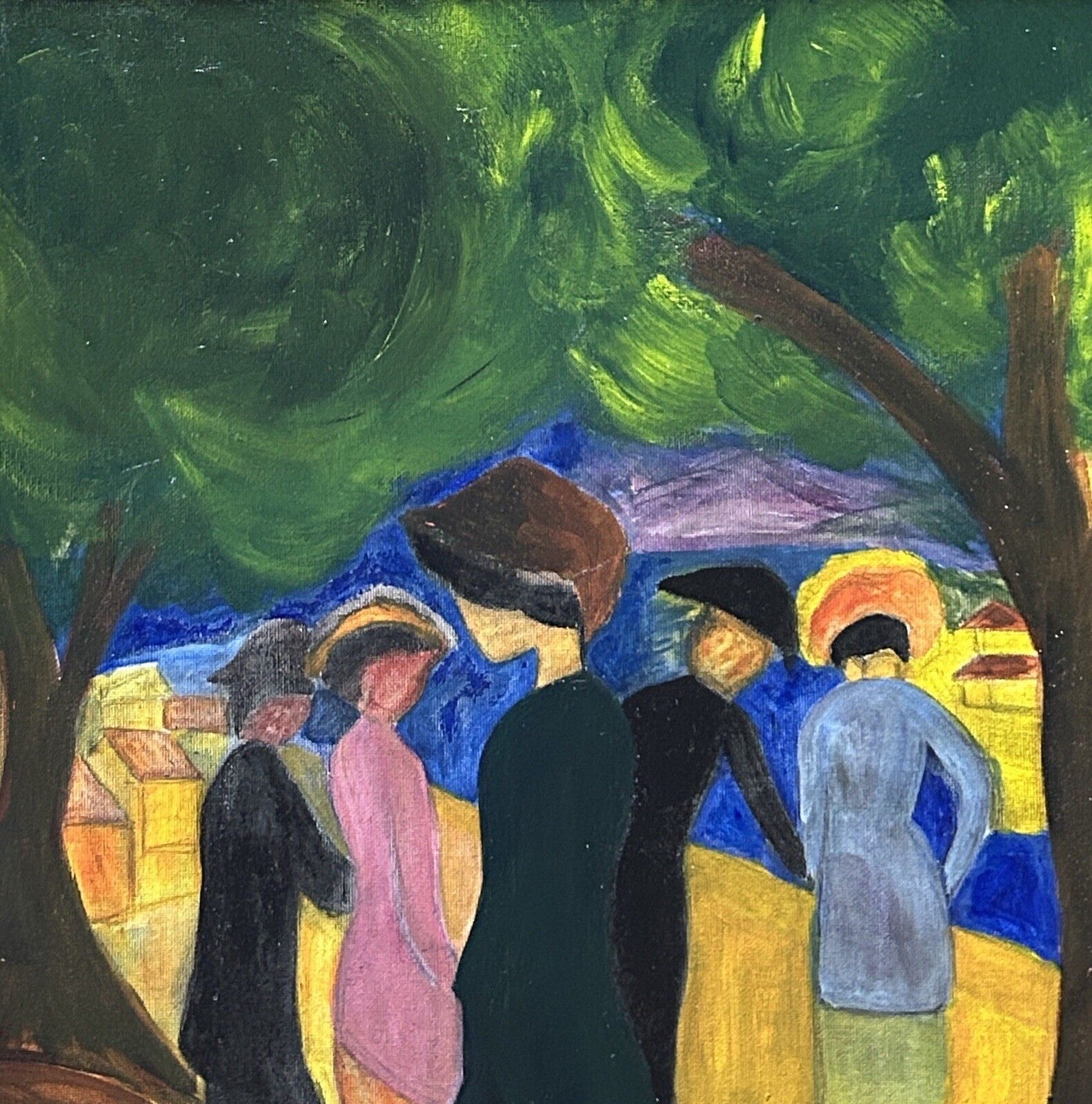 Expressionist Oil On Cardboard – Landscape With Figures, Framed photo buy