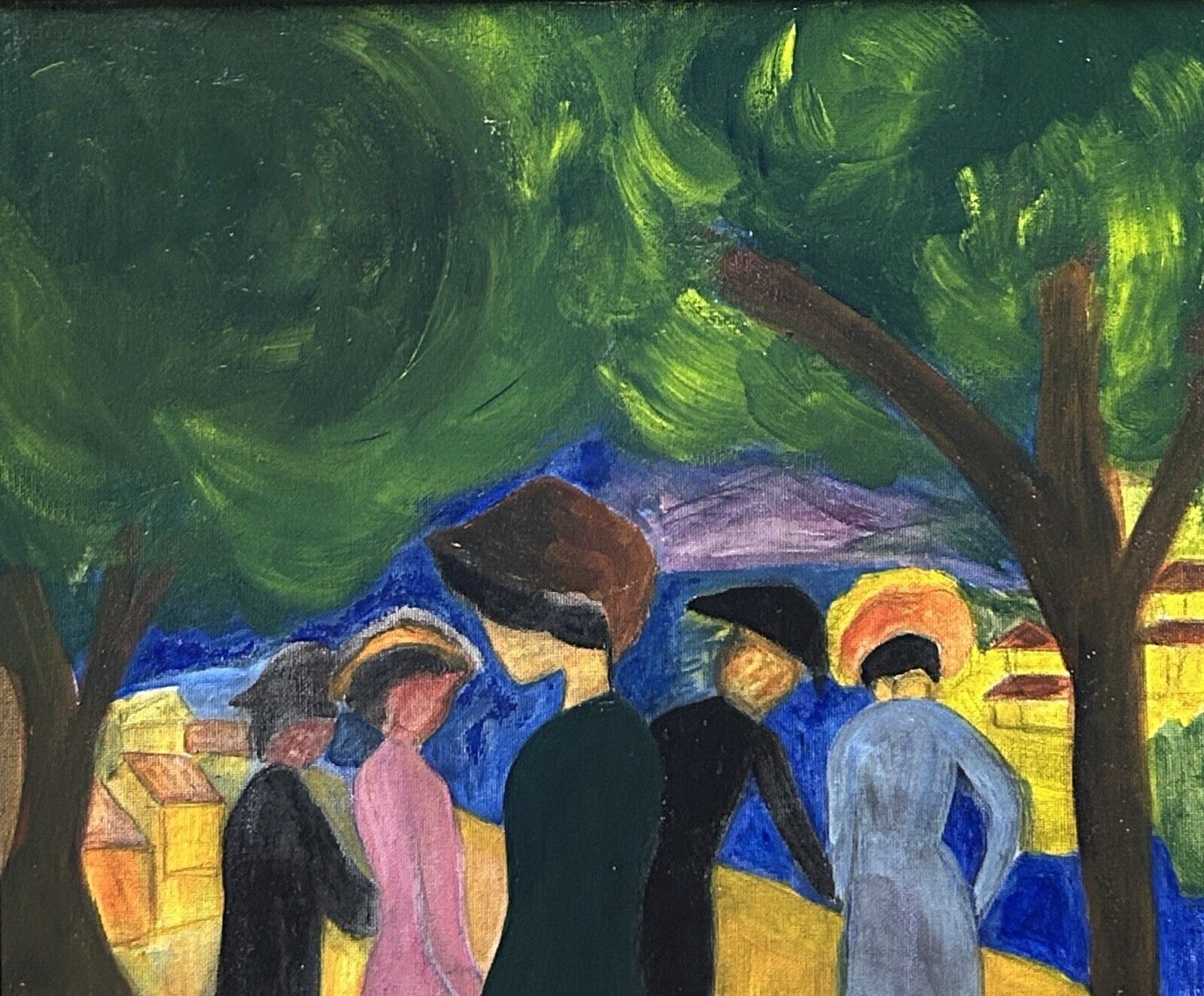 photo for sale Expressionist Oil On Cardboard – Landscape With Figures, Framed