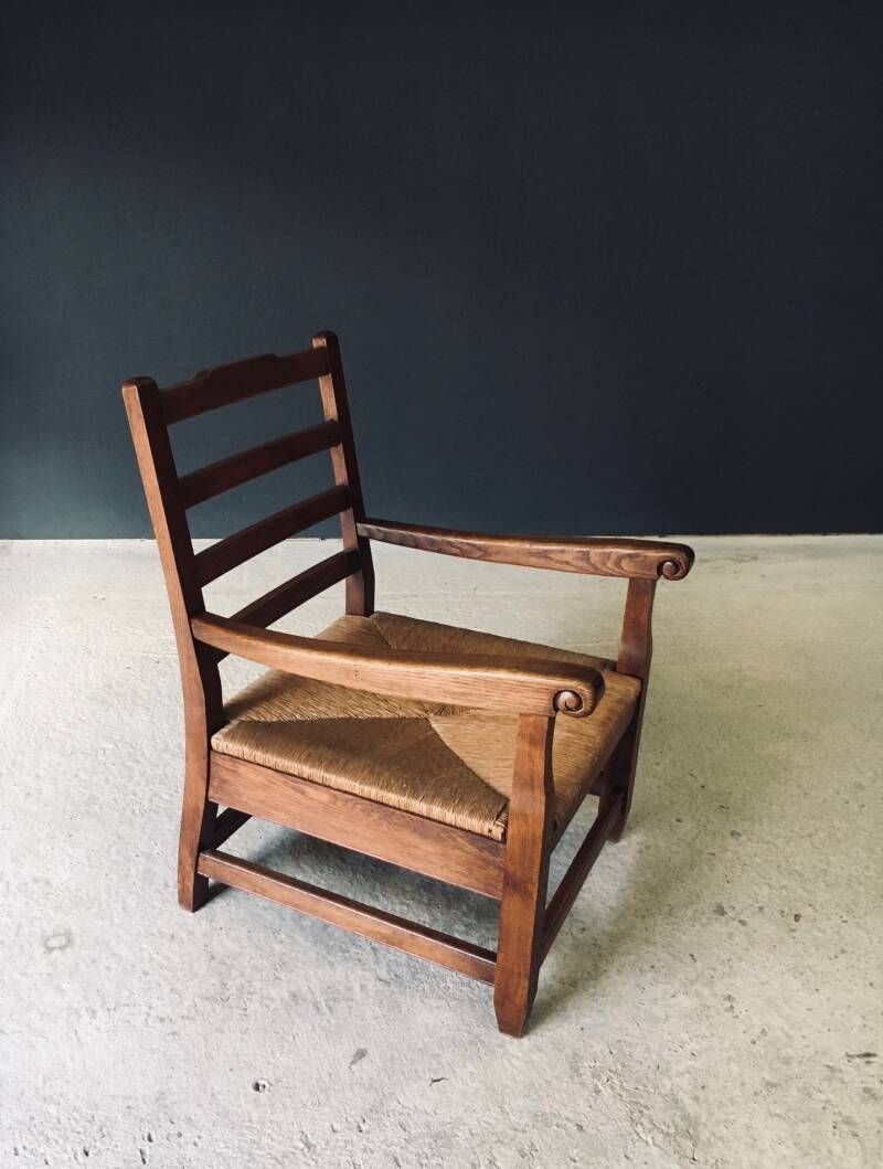 Rustieke Xl Fauteuil Van Massief Eiken En Riet, Frankrijk, Ca. Jaren 1930 photo Meubels