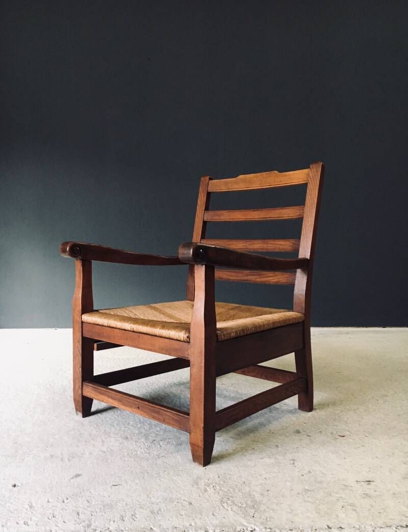 Rustieke Xl Fauteuil Van Massief Eiken En Riet, Frankrijk, Ca. Jaren 1930 photo 2800.0