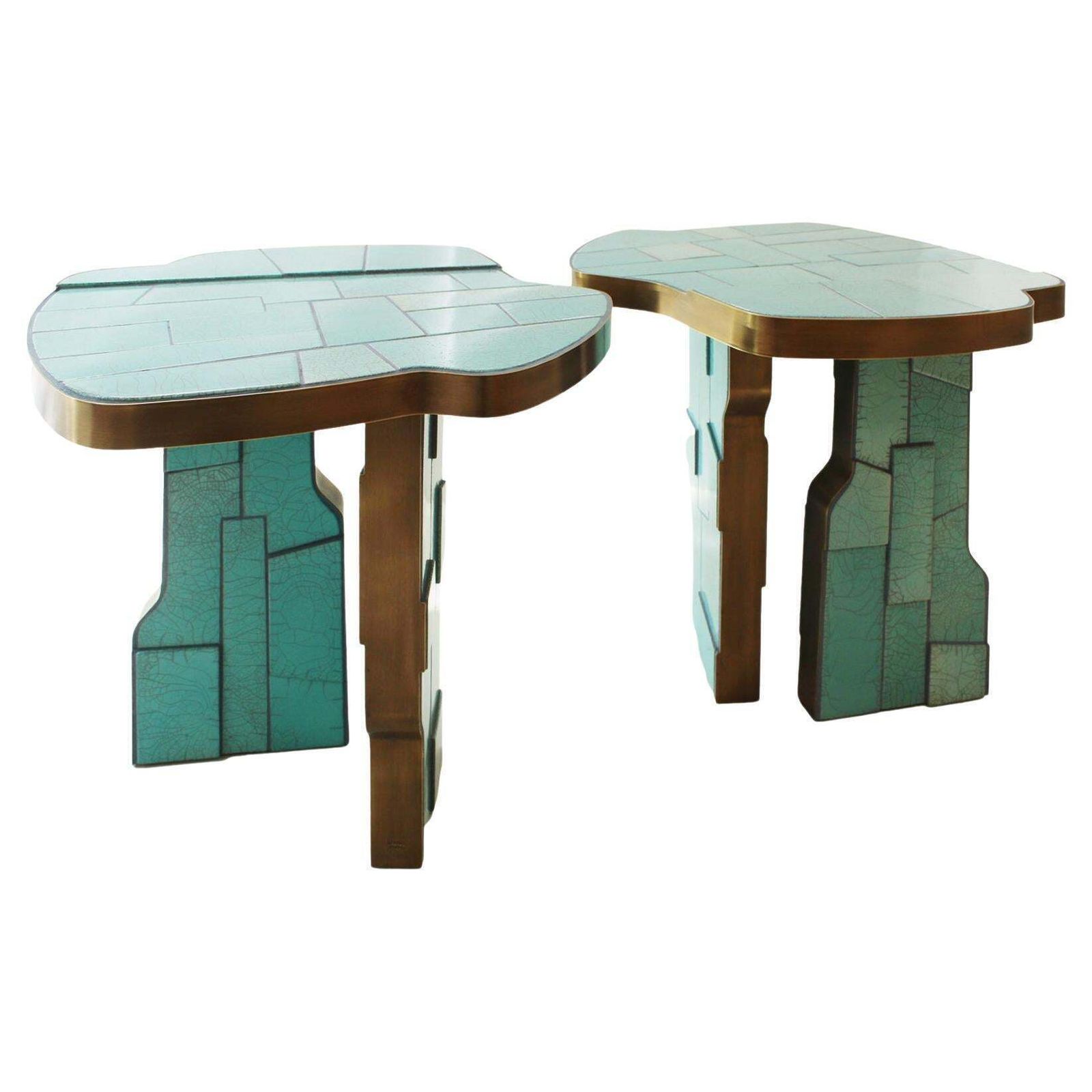 Pair Of Contemporary Italian Blue Turquois Side Tables Made Of Ceramic And Brass
