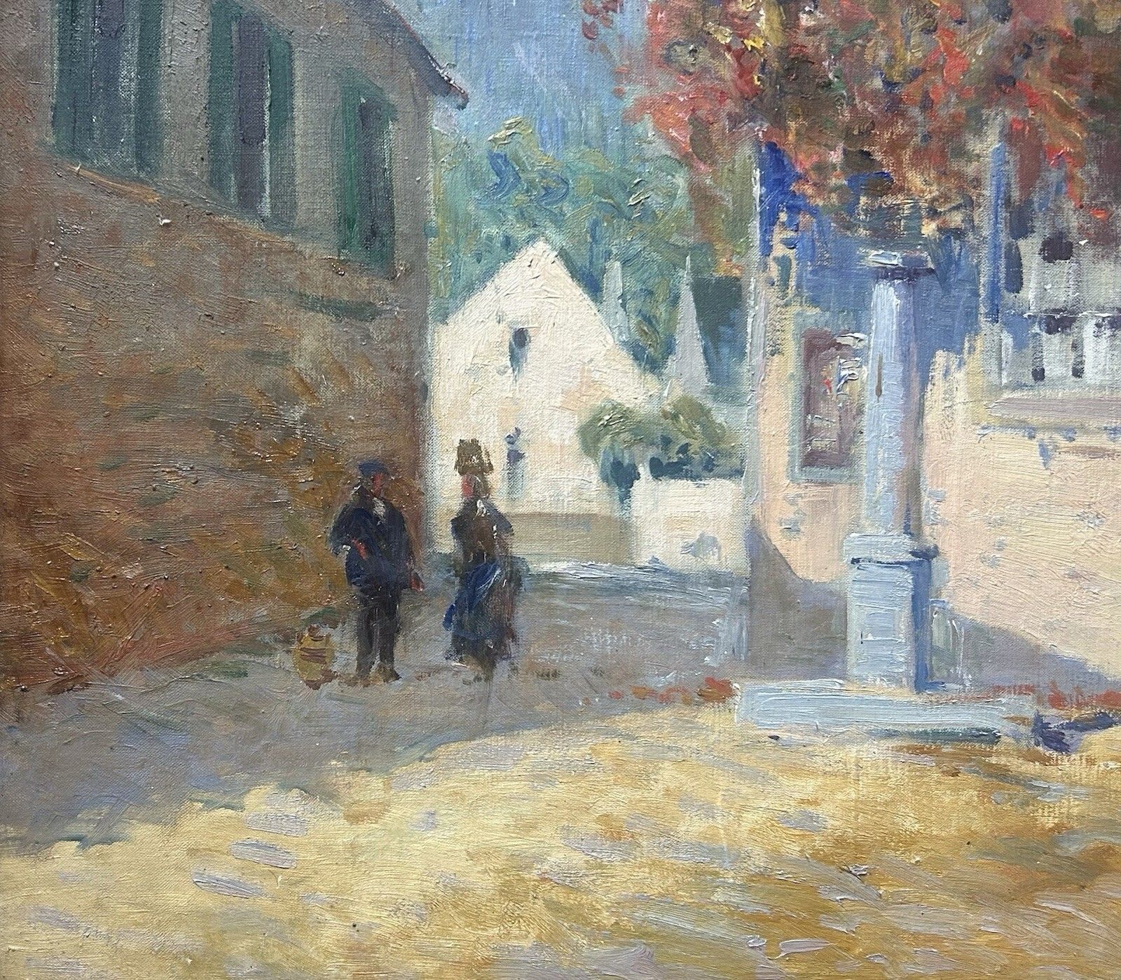 Framed Antique Impressionist Oil Painting – Town Scene, Architecture, Cityscape photo furniture