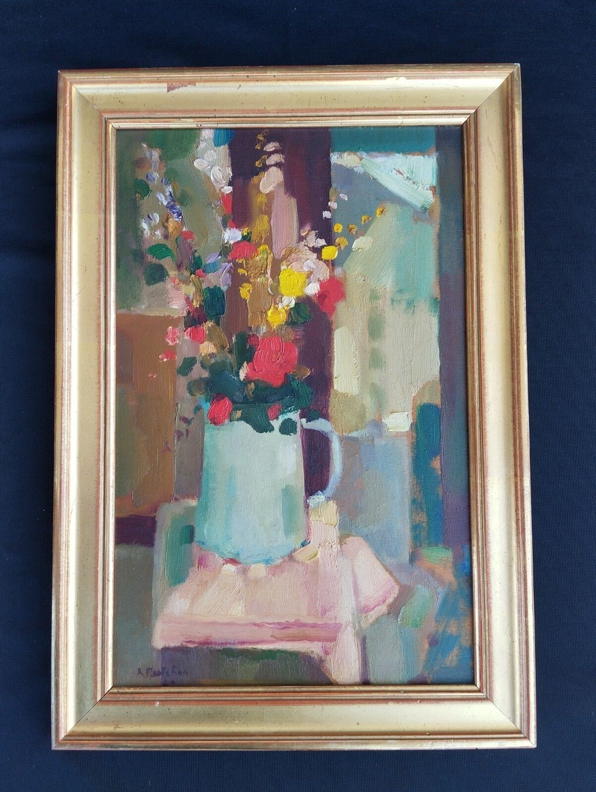 Fine Cubist Oil On Panel – Signed Floral Artwork photo Art