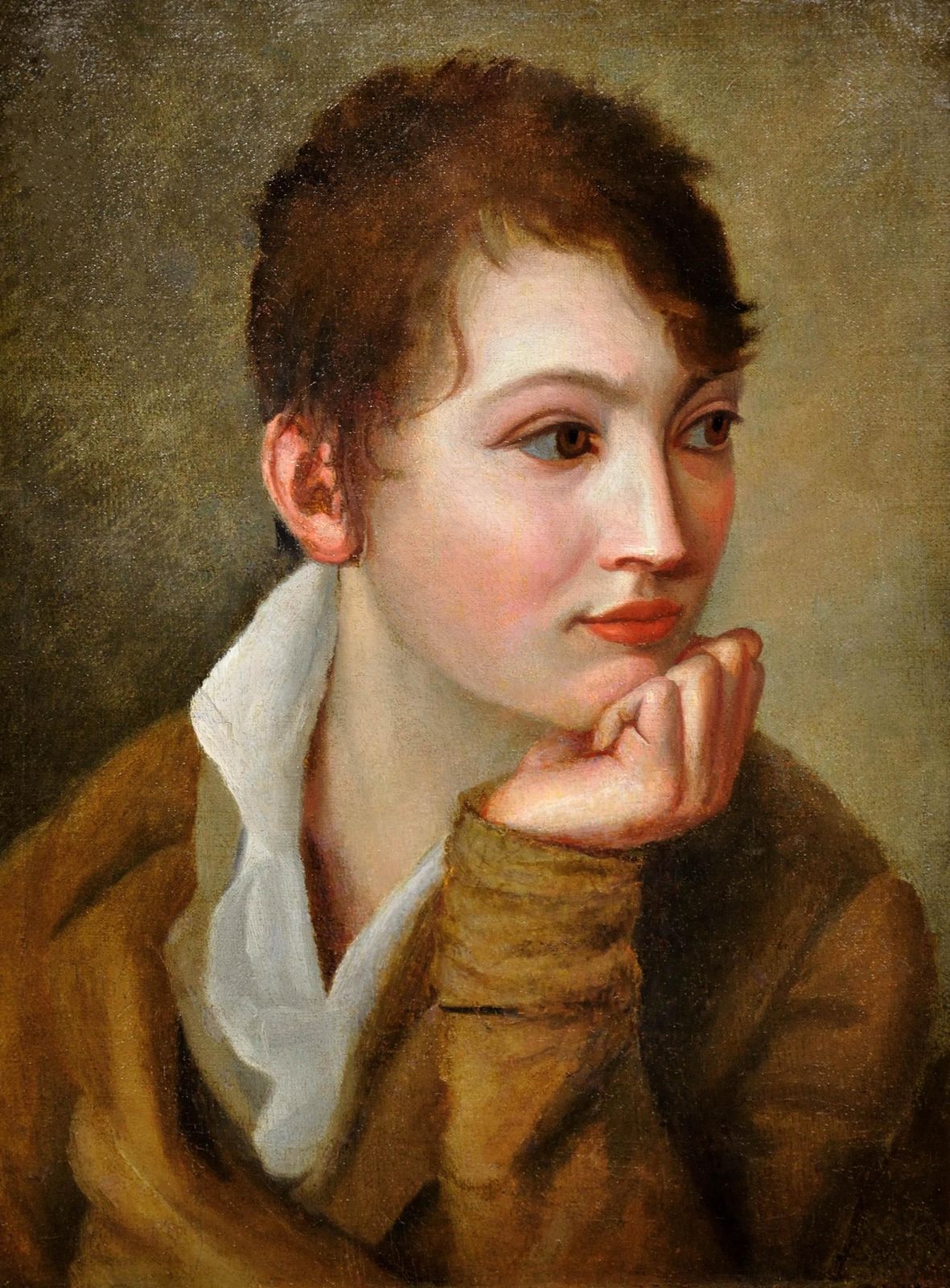 Late 18th Or Early 19th Century Portrait Of La Gamine With Androgynous Charm. Oil On Canvas. Framed. photo furniture