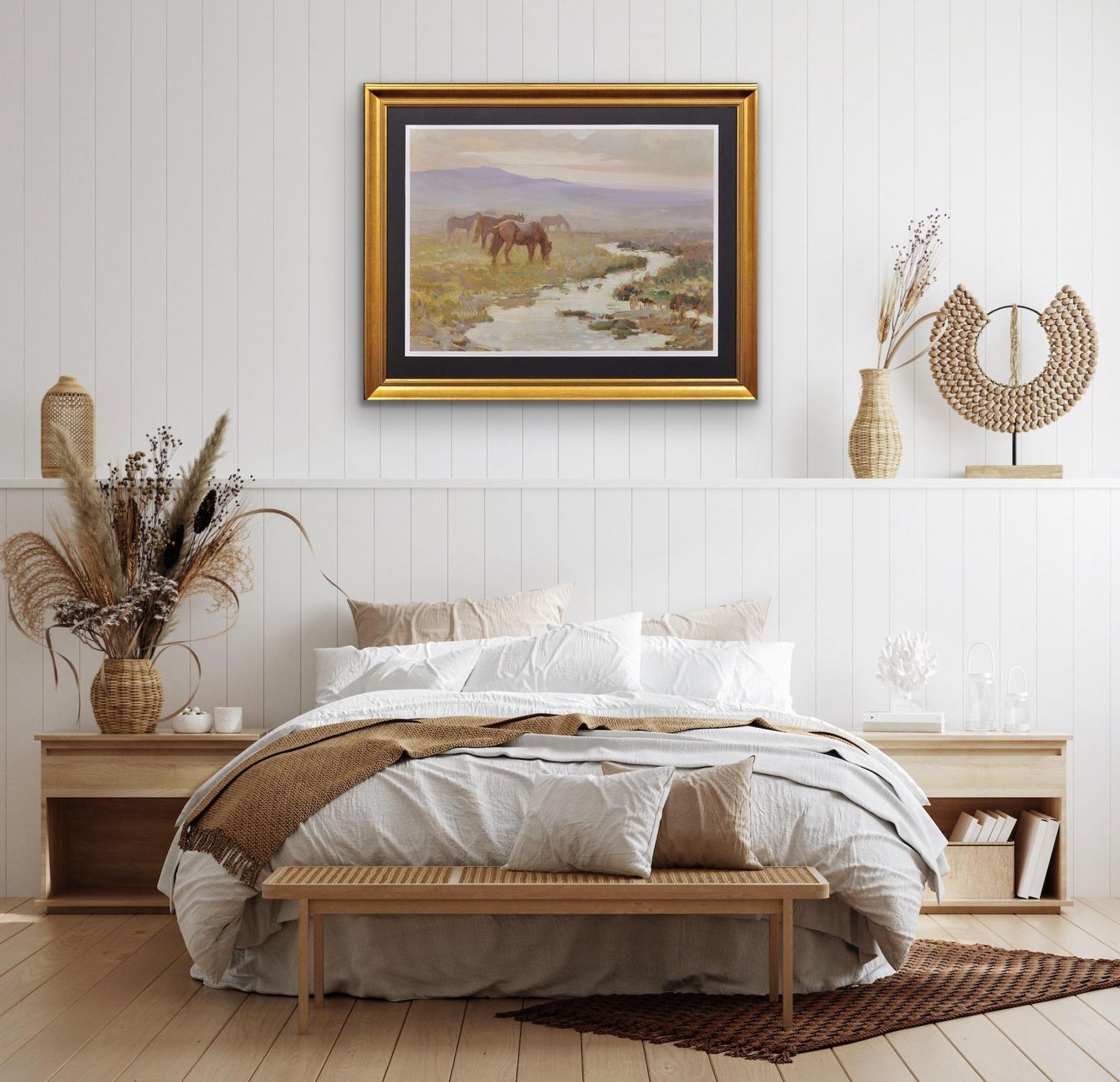 photo for sale Charles Walter Simpson 1885 To 1971. English. Dartmoor Ponies. Devon National Park Landscape. Framed 1930s West Country Oil Painting Of Wild Horses.