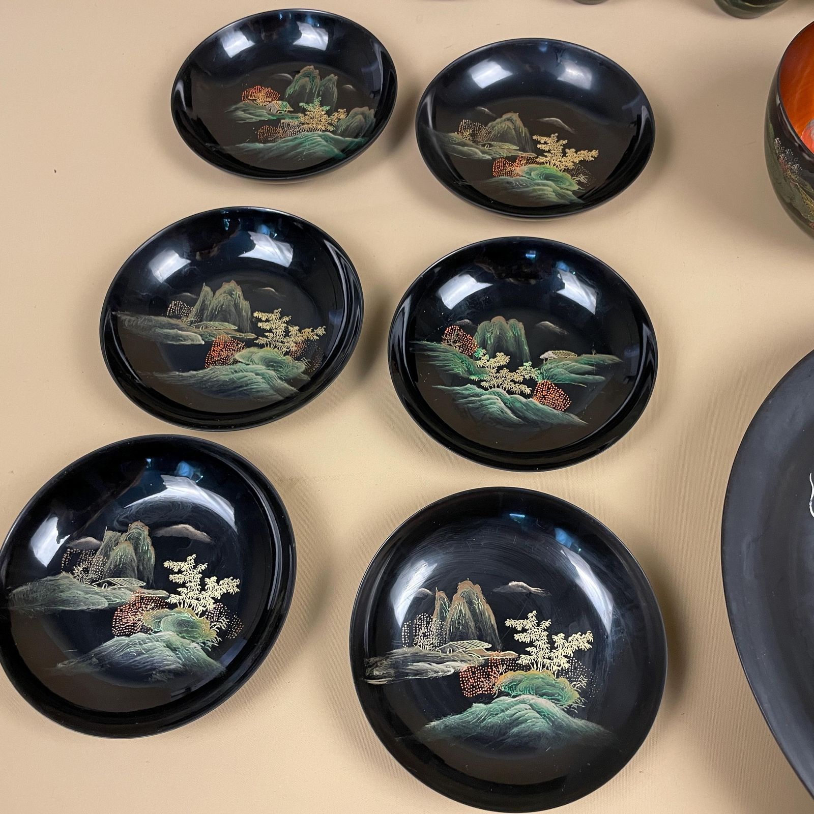 Japanese Lacquerware Tea Set Hand Painted Black Red Dragon Landscape Vintage Japanese Art Lacquer Cups Plates Bowls Spoons Oriental Decor photo 69.0