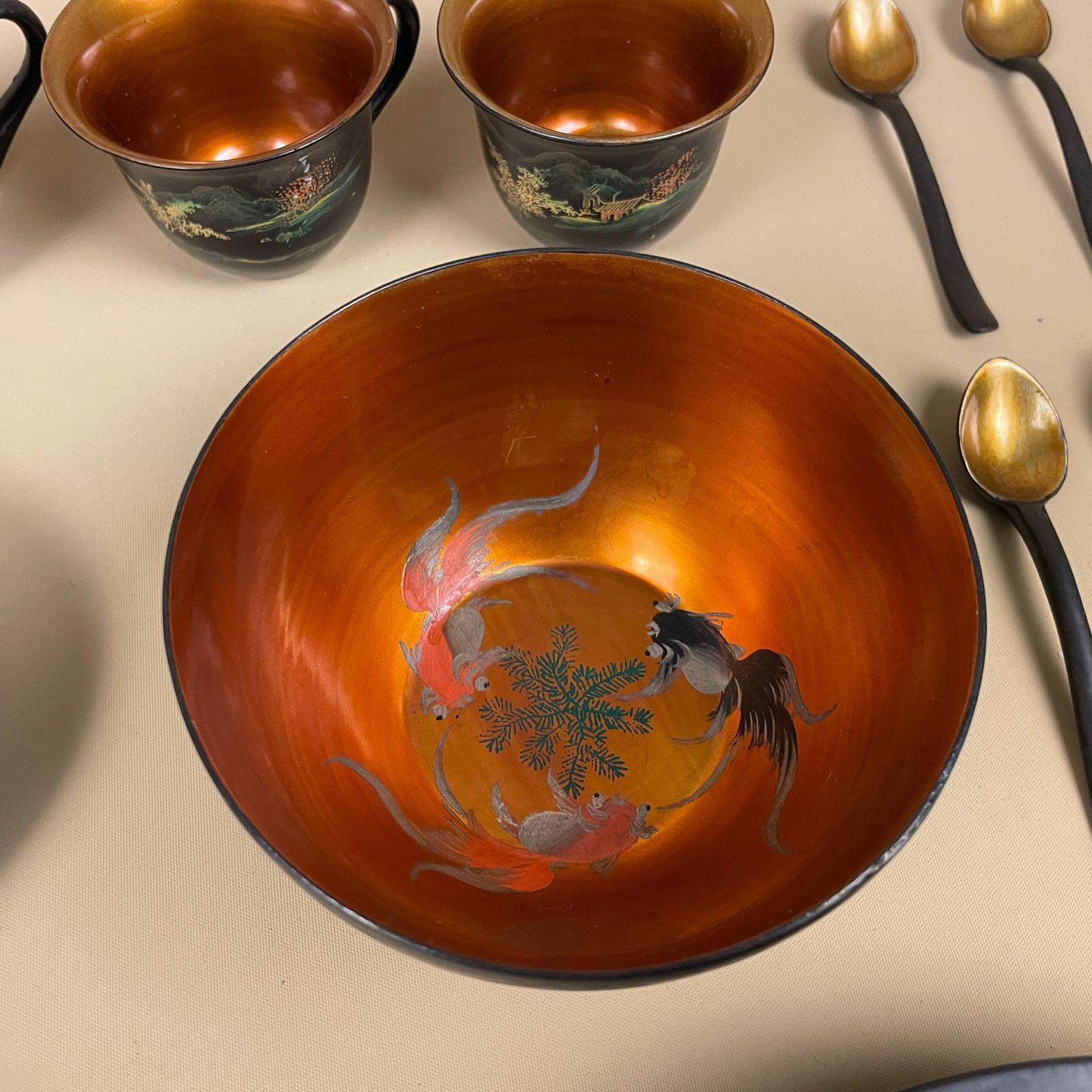 Japanese Lacquerware Tea Set Hand Painted Black Red Dragon Landscape Vintage Japanese Art Lacquer Cups Plates Bowls Spoons Oriental Decor photo vinterior