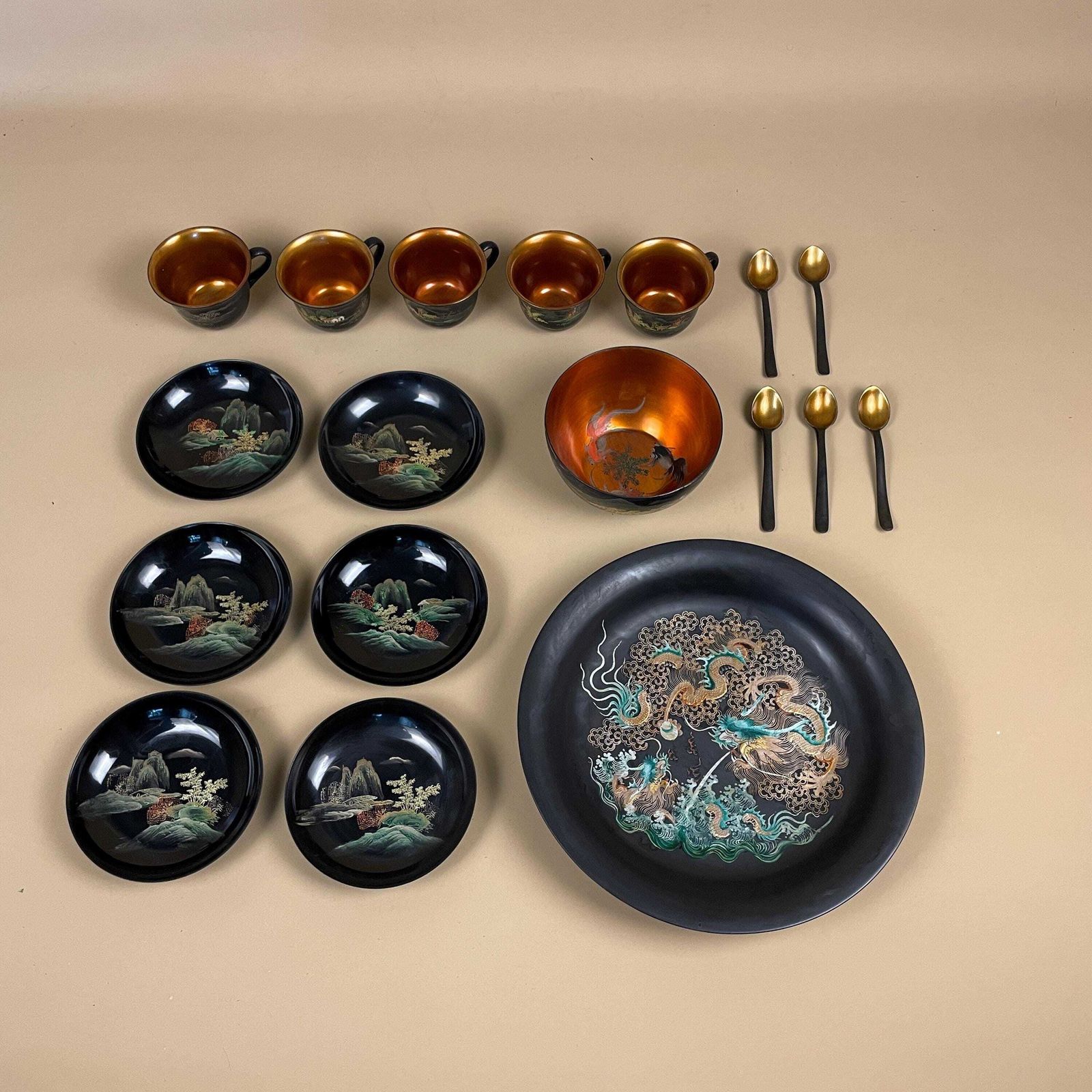 Japanese Lacquerware Tea Set Hand Painted Black Red Dragon Landscape Vintage Japanese Art Lacquer Cups Plates Bowls Spoons Oriental Decor photo buy