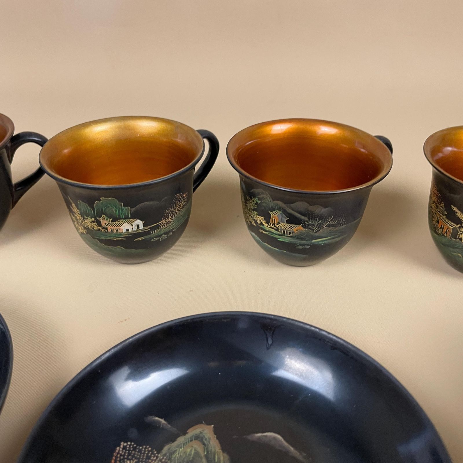 photo furniture Japanese Lacquerware Tea Set Hand Painted Black Red Dragon Landscape Vintage Japanese Art Lacquer Cups Plates Bowls Spoons Oriental Decor