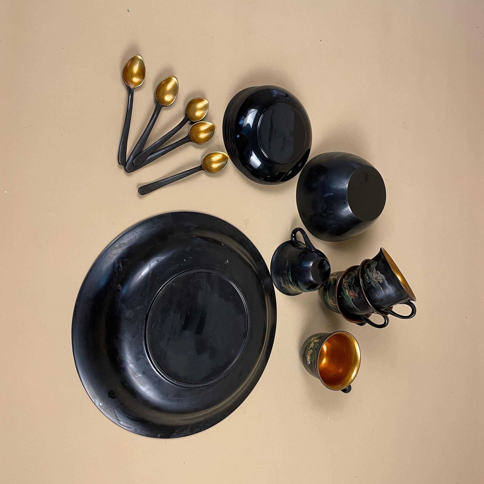 photo buy Japanese Lacquerware Tea Set Hand Painted Black Red Dragon Landscape Vintage Japanese Art Lacquer Cups Plates Bowls Spoons Oriental Decor