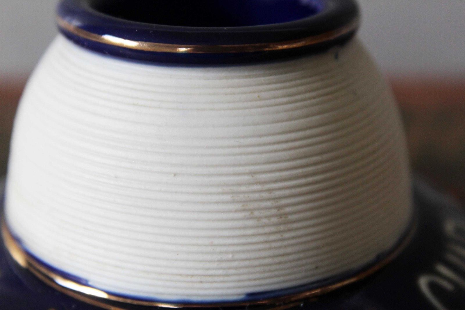 photo furniture Vintage Ribbed Porcelaine French Pyrogene, Match Striker, Match Holder, Collector Advertising, Blue And White, Gold Rims, Absinthe Chaplet