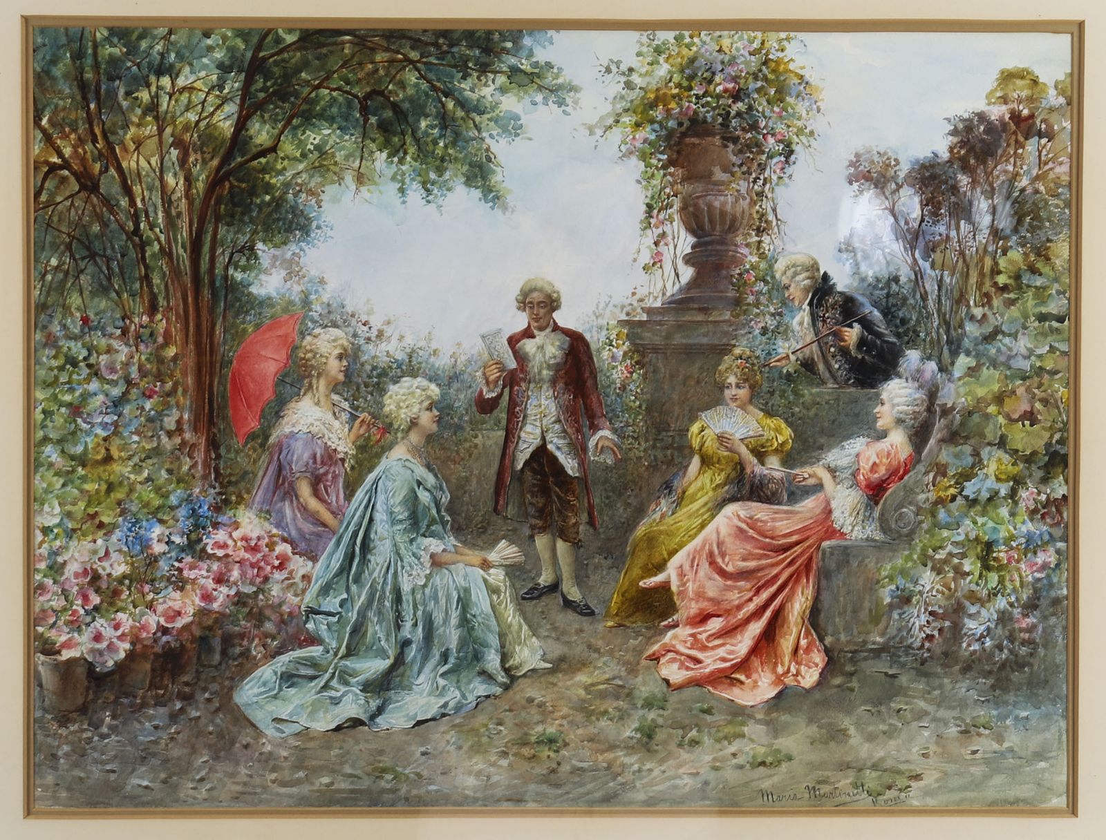 Antique Watercolour 'The Garden Music Recital' By Martinetti 19thc  83x102cm photo furniture