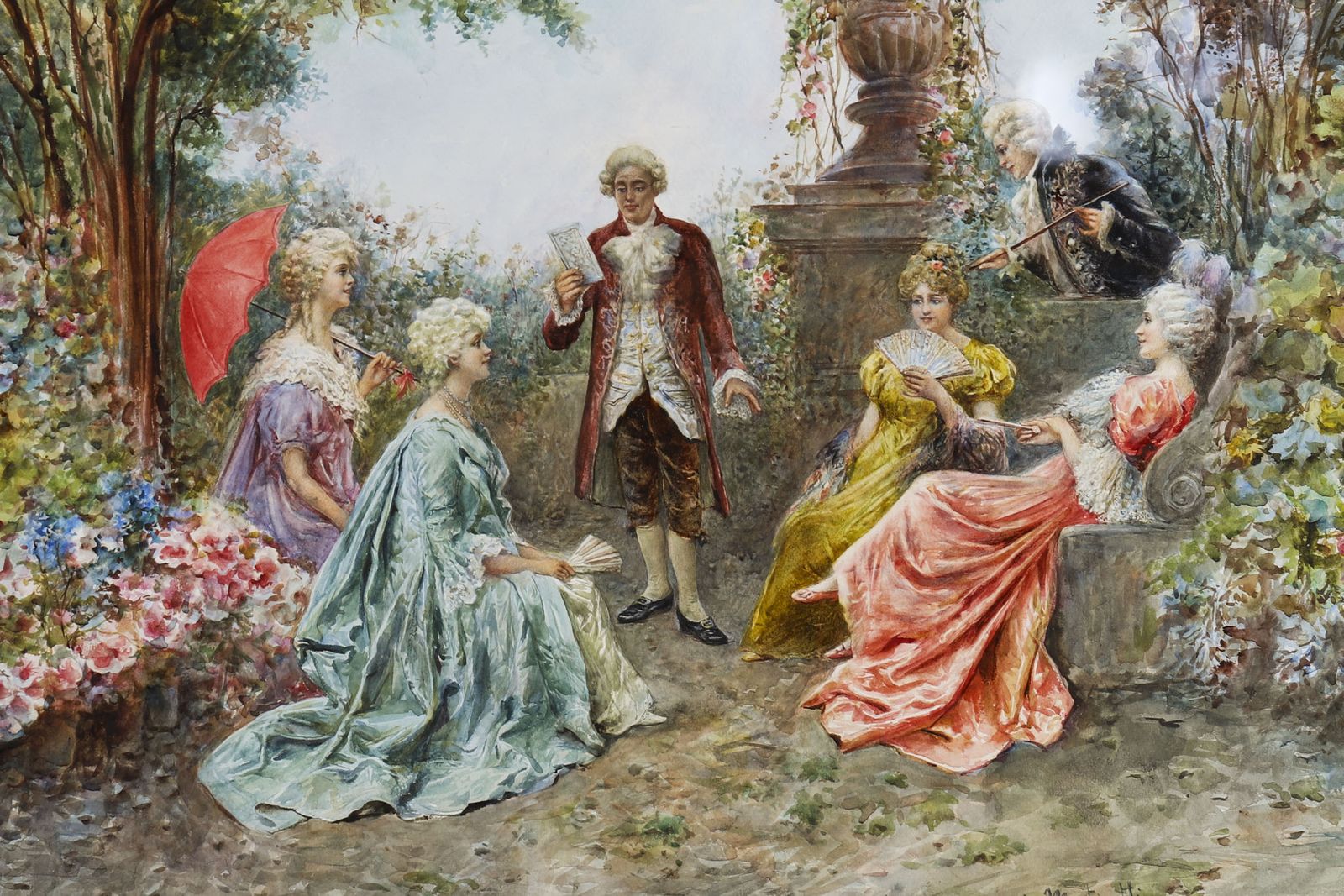 Antique Watercolour 'The Garden Music Recital' By Martinetti 19thc  83x102cm photo for sale