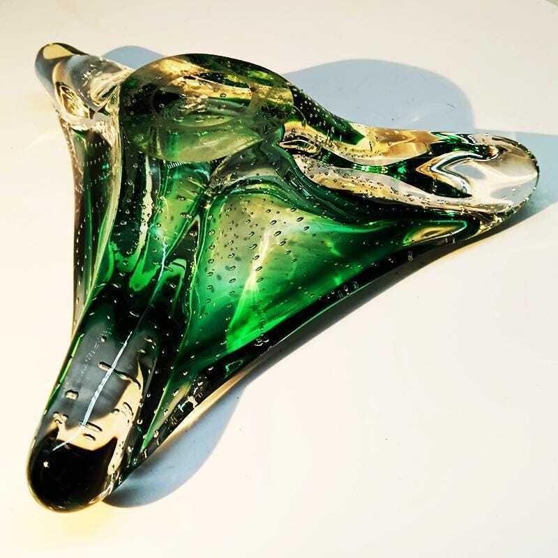 Home Decor 1960s Big Triangular Ashtray Or Catch All In Murano Glass With Air Bubble. Made In Italy. photo