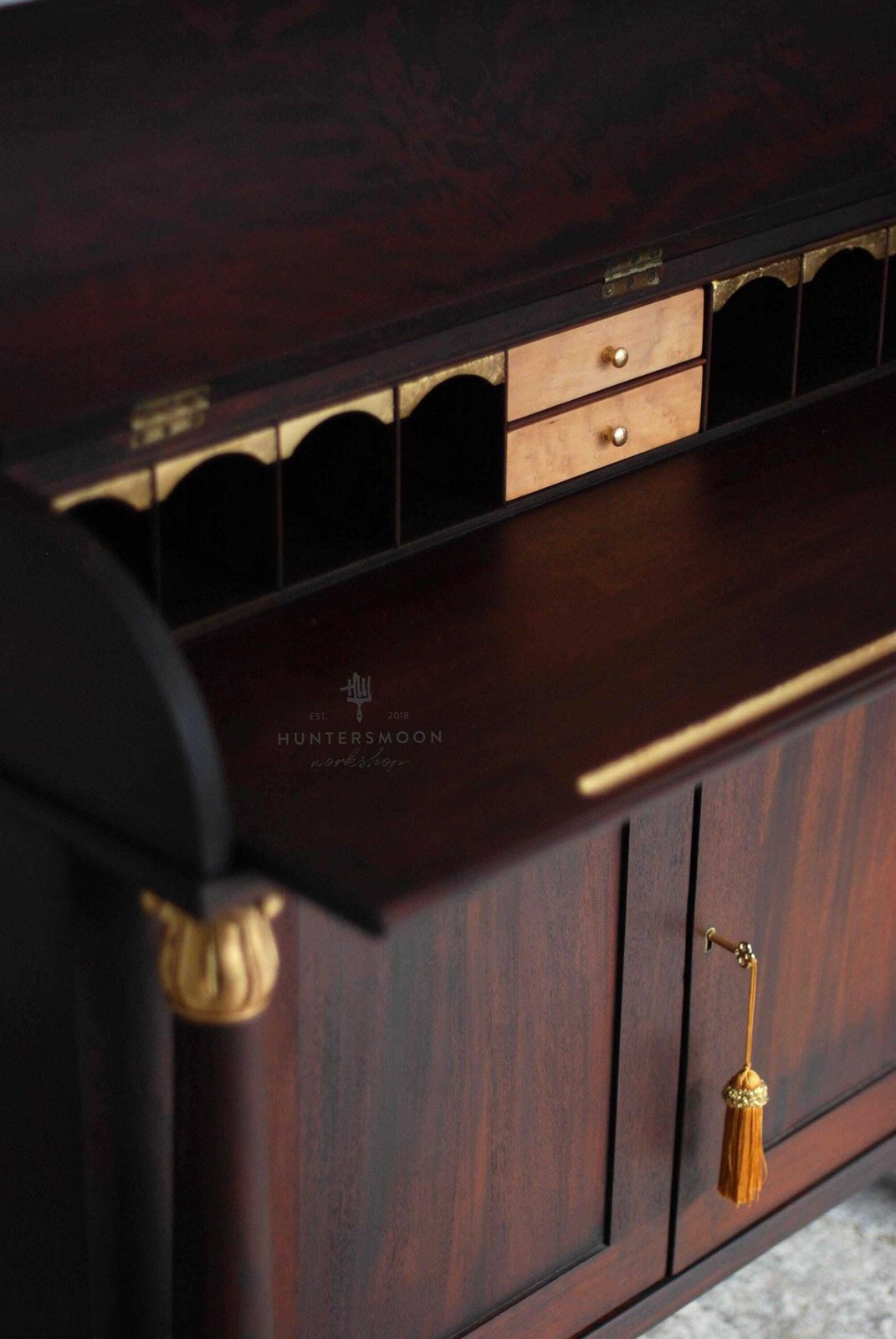 765.0 Antique Mahogany Cylinder Writing Bureau Chiffonier photo