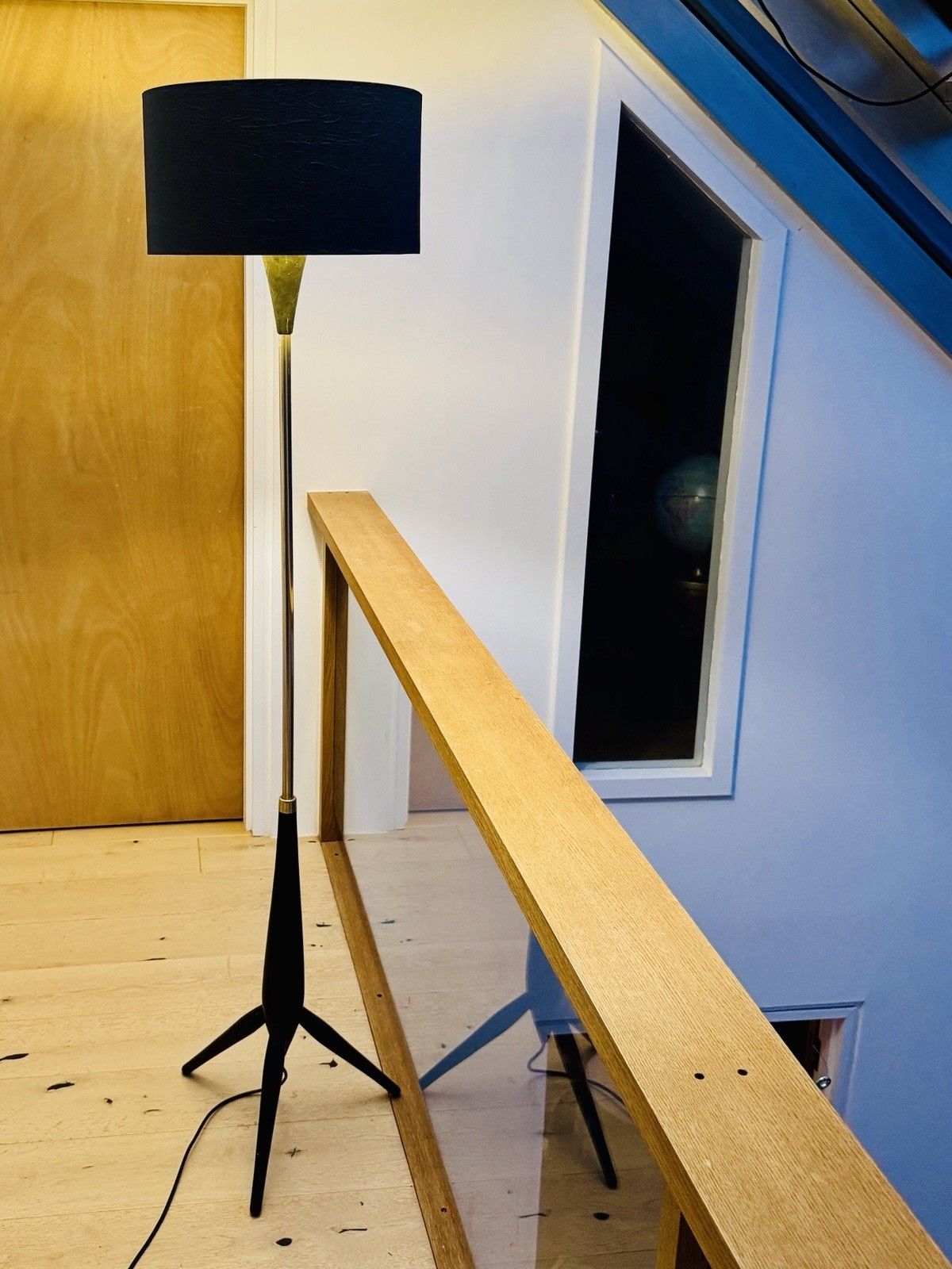 photo for sale Very Tall 1950s Brass & Ebonised Wood Tripod Floor Lamp With Shade Vgc