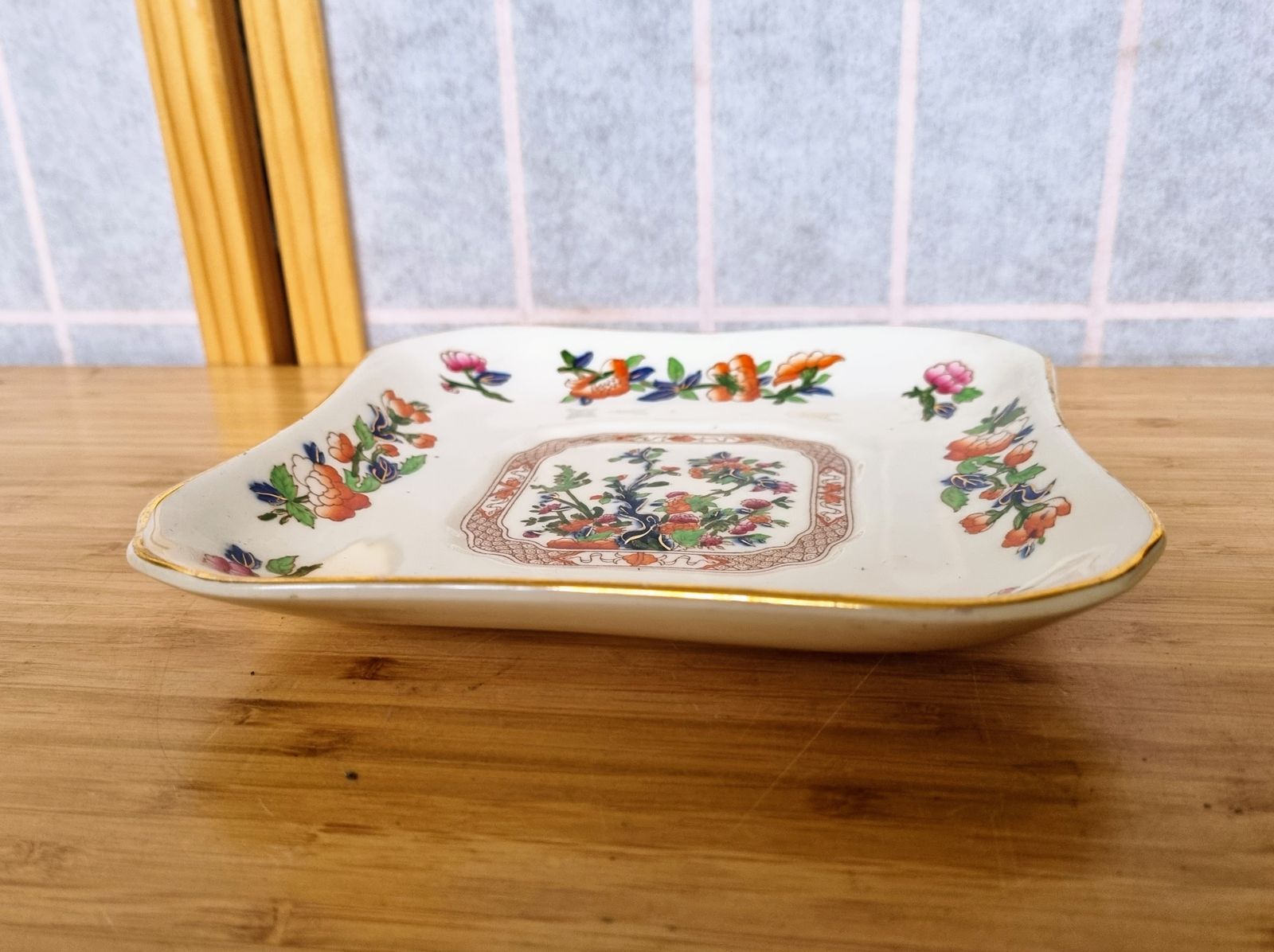 photo furniture Indian Tree Dish, Hancock & Sons England, Opaque China, Square Scalloped, Gilt Trim, Victorian 1800s