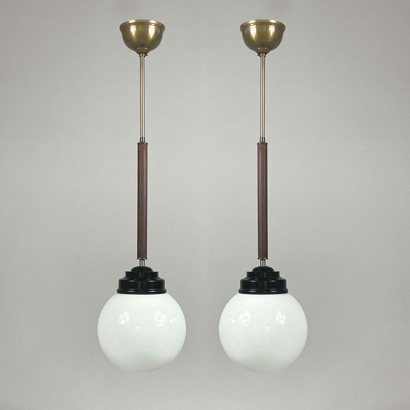 Pair Opaline Glass, Bakelite & Wood Pendants By Sieverts Kabelverk, Sweden 1940s photo furniture