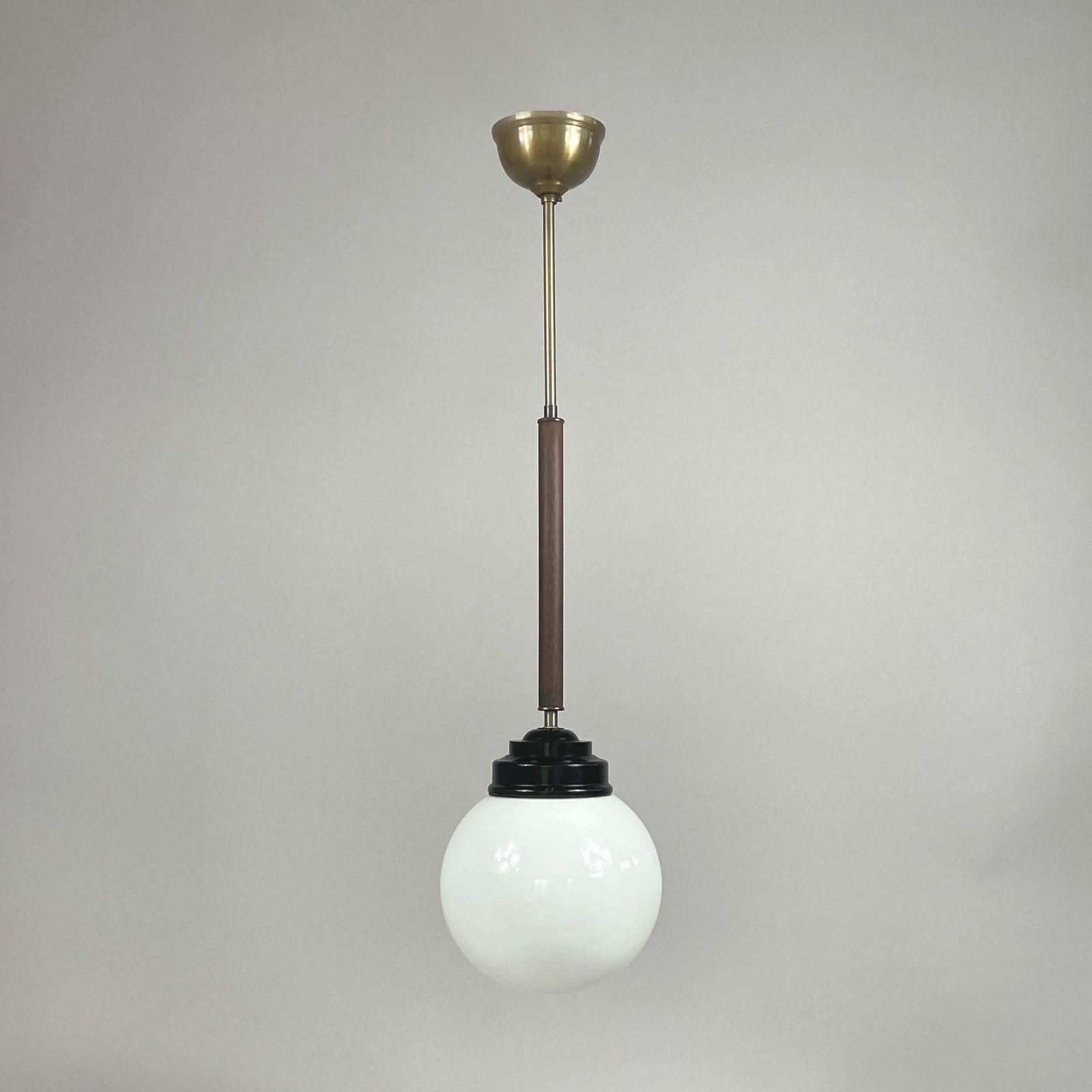 Pair Opaline Glass, Bakelite & Wood Pendants By Sieverts Kabelverk, Sweden 1940s photo Lighting