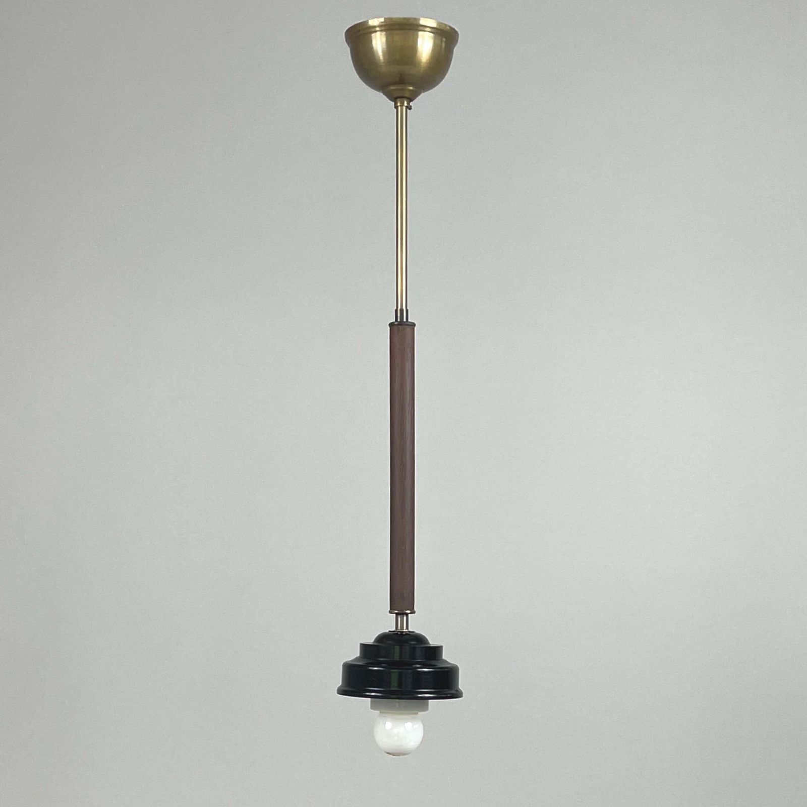 photo for sale Pair Opaline Glass, Bakelite & Wood Pendants By Sieverts Kabelverk, Sweden 1940s