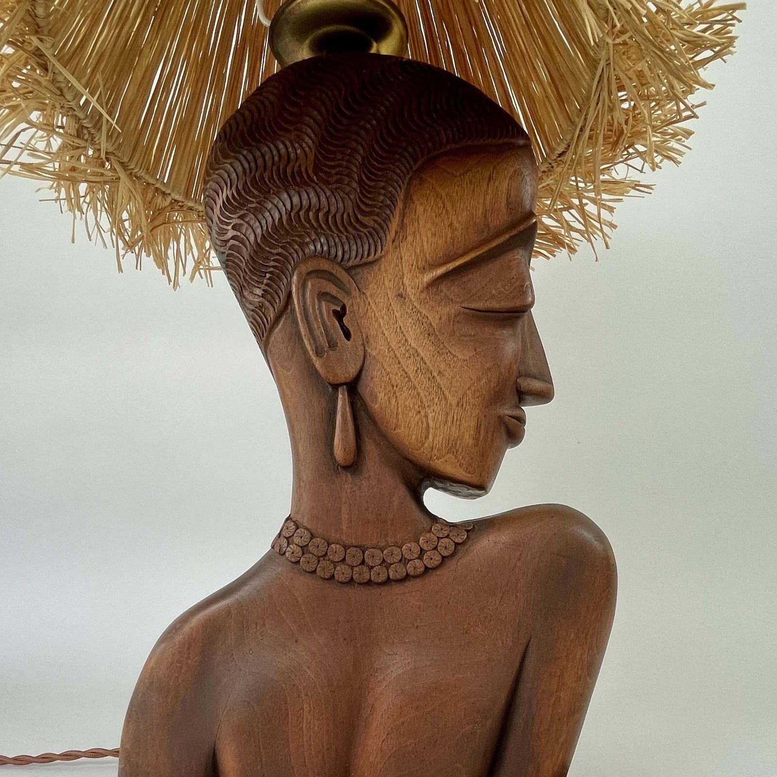Teak Female Bust Table Lamp With Raffia Shade, France 1950s photo vinterior