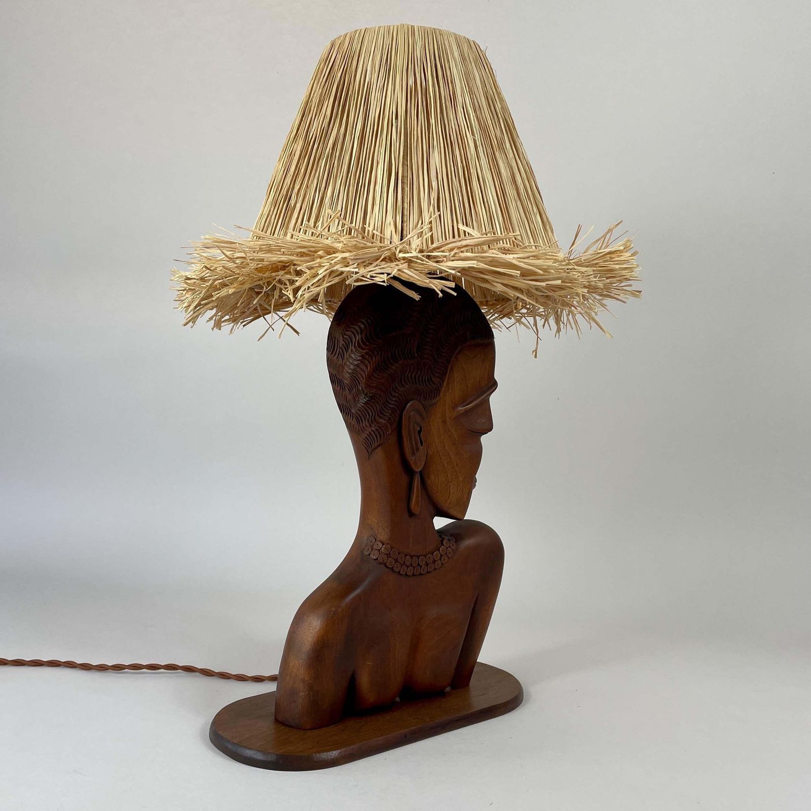 Teak Female Bust Table Lamp With Raffia Shade, France 1950s photo vintage