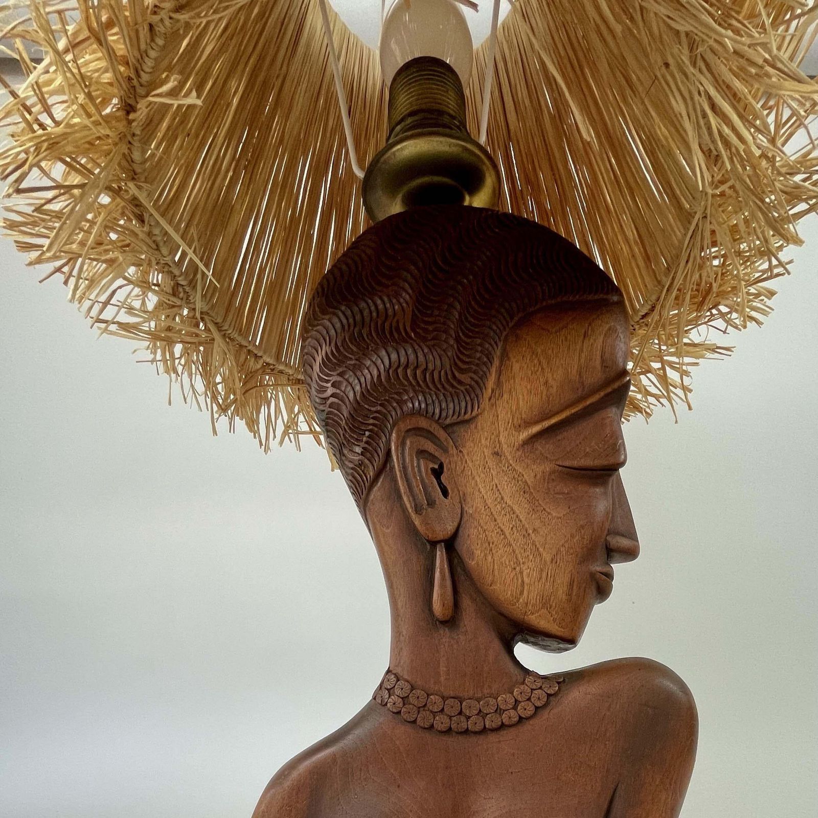 photo furniture Teak Female Bust Table Lamp With Raffia Shade, France 1950s