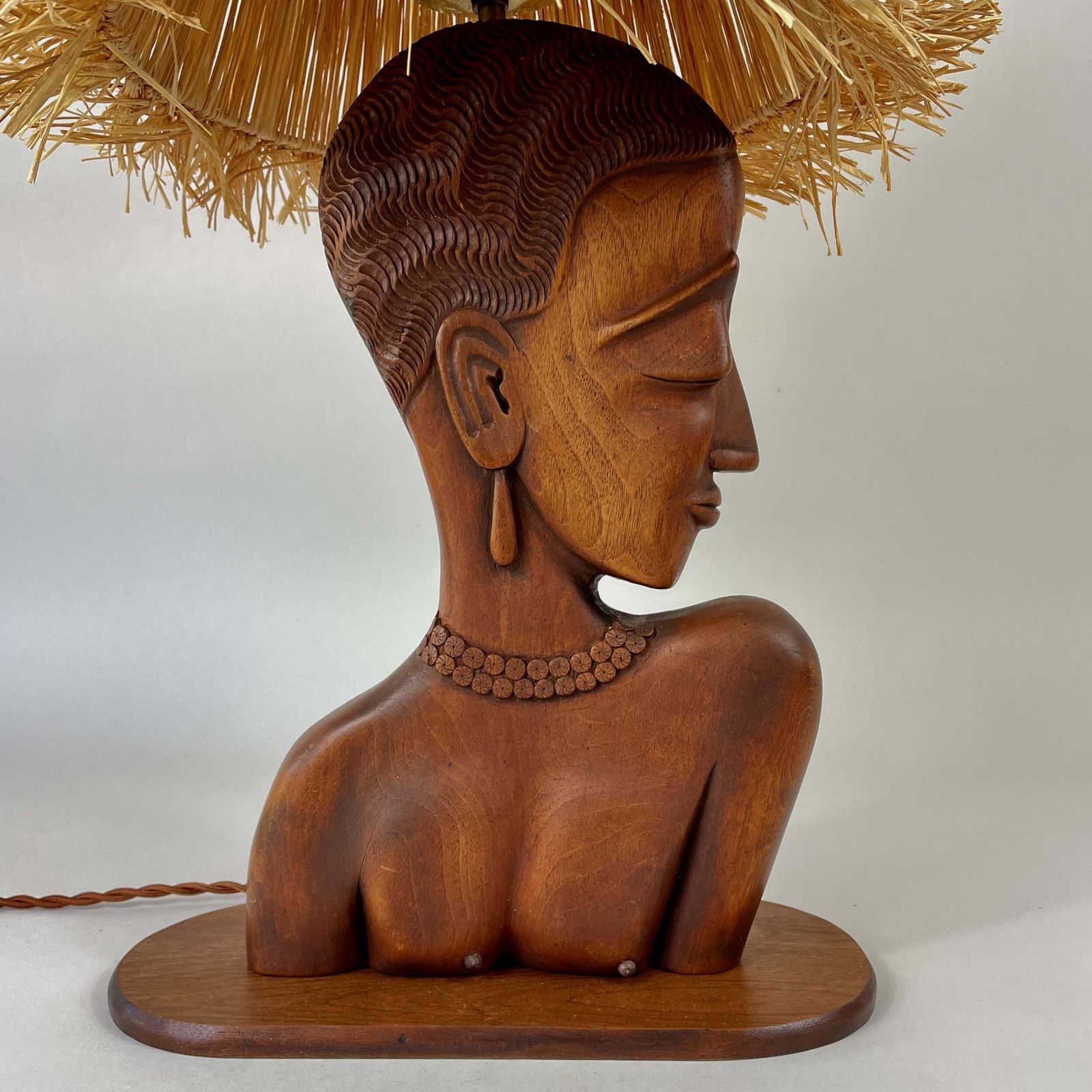 photo buy Teak Female Bust Table Lamp With Raffia Shade, France 1950s