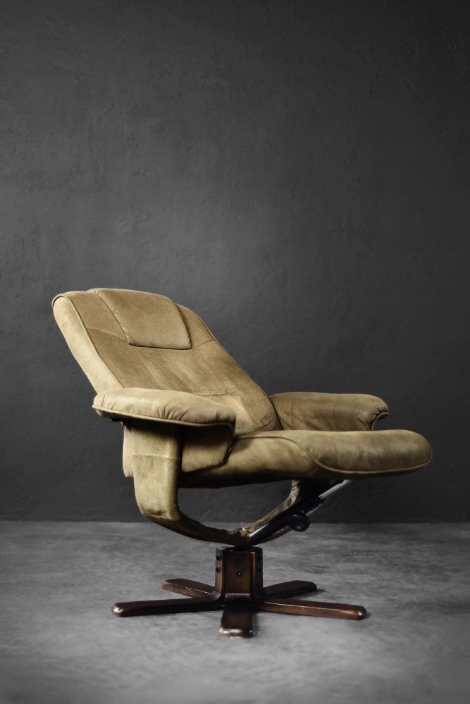 Set Of Mid Century Modern Danish Brown Swivel Chair & Ottoman, 1960s photo vintage