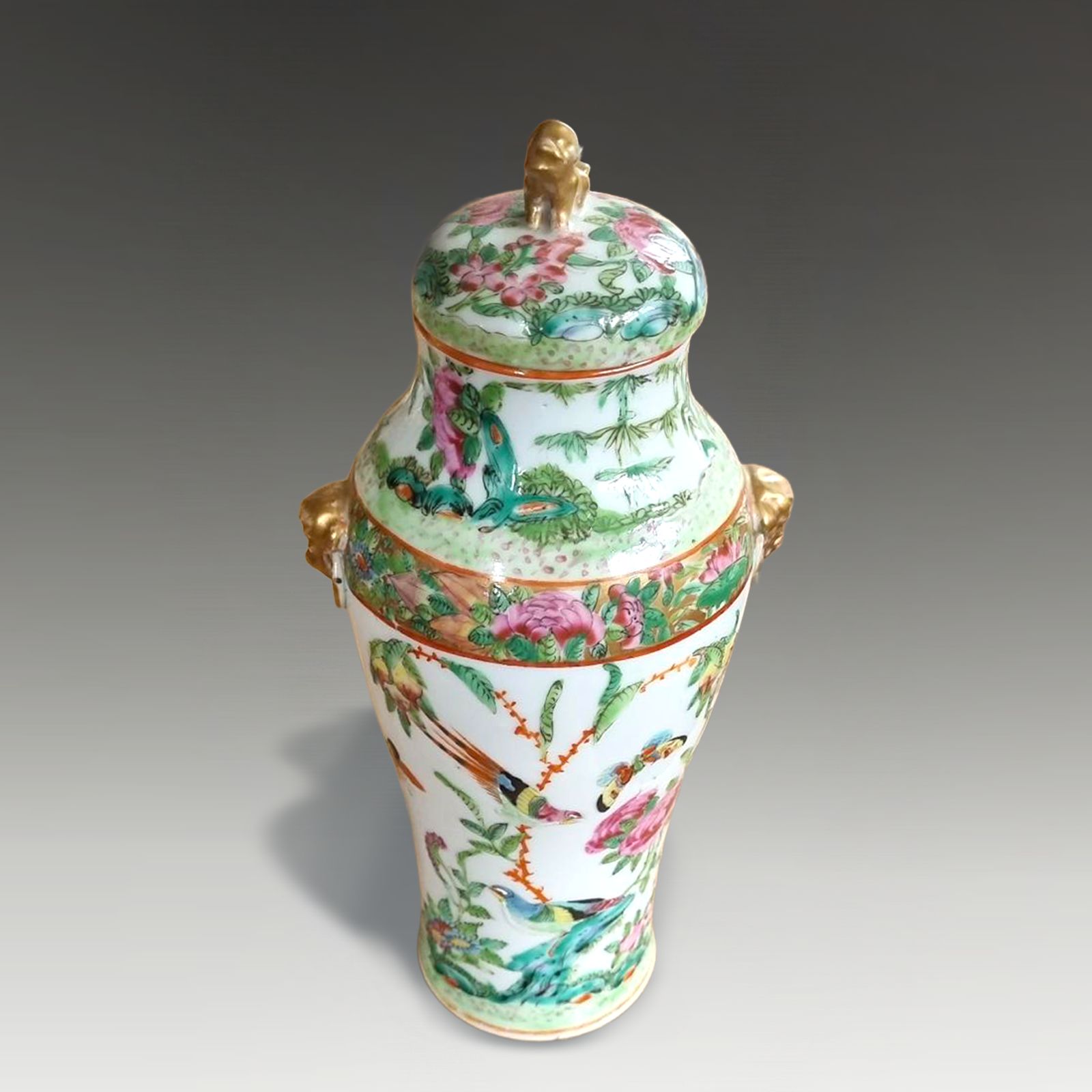 Antique Chinese  "Rose Canton" Lidded Vase With Side Handles Circa 1830 26cm  H
