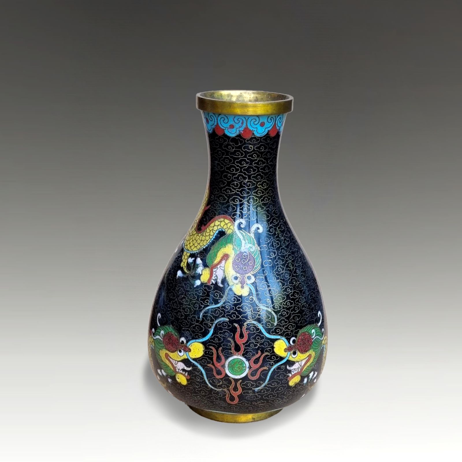 Chinese Cloisonne  Vase  Qing Dynasty Late 19thc  3 Dragons Flaming Pearl 17cm H