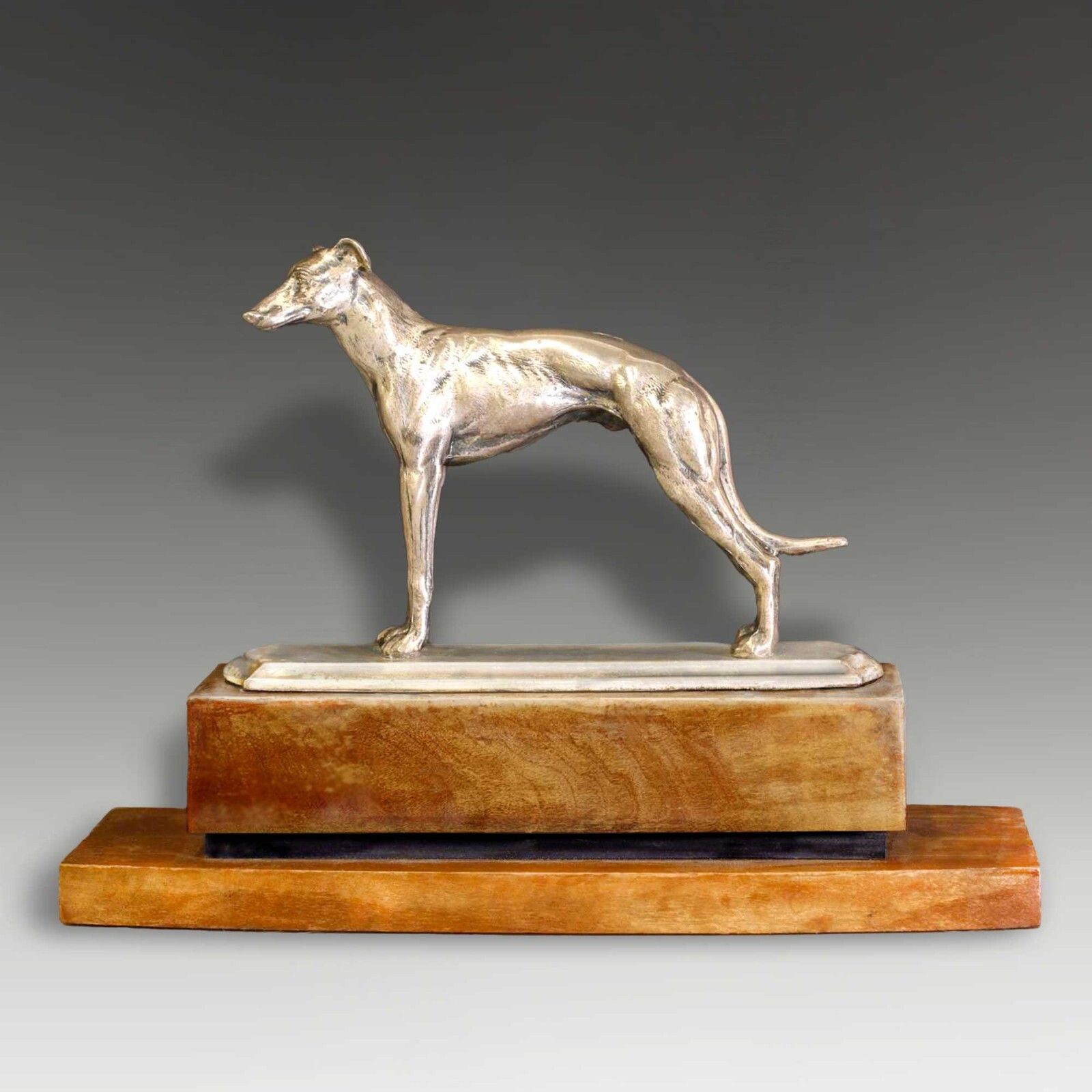 Art Deco Silver Plated Bronze Lge Greyhound On Ebony & Thuya Wood Base  31cm L