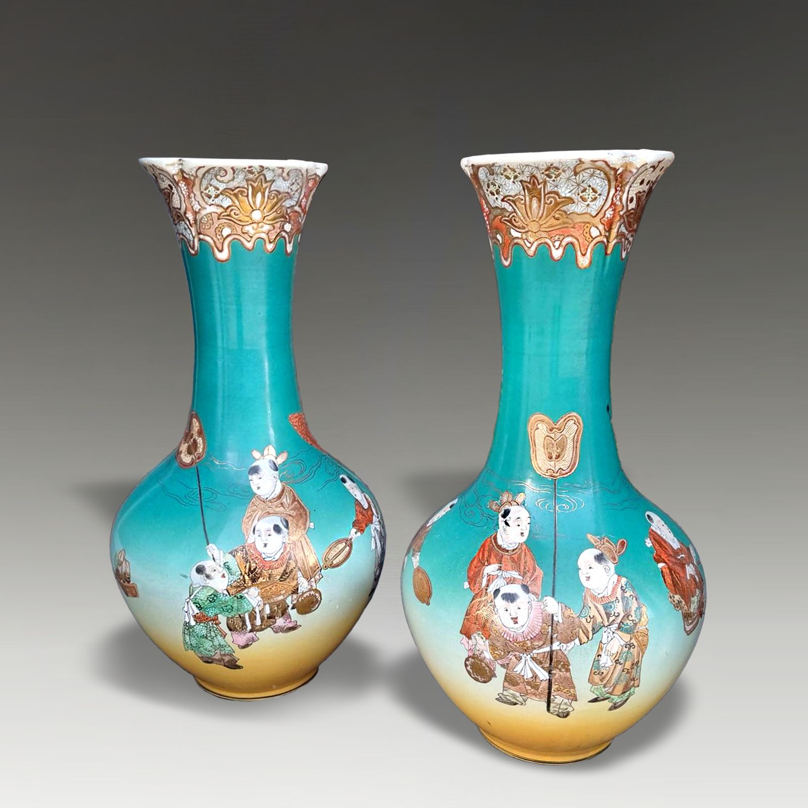 Pair Of Japanese Satsuma  Large Vases Unusual Green Background   49cm H photo Home Decor
