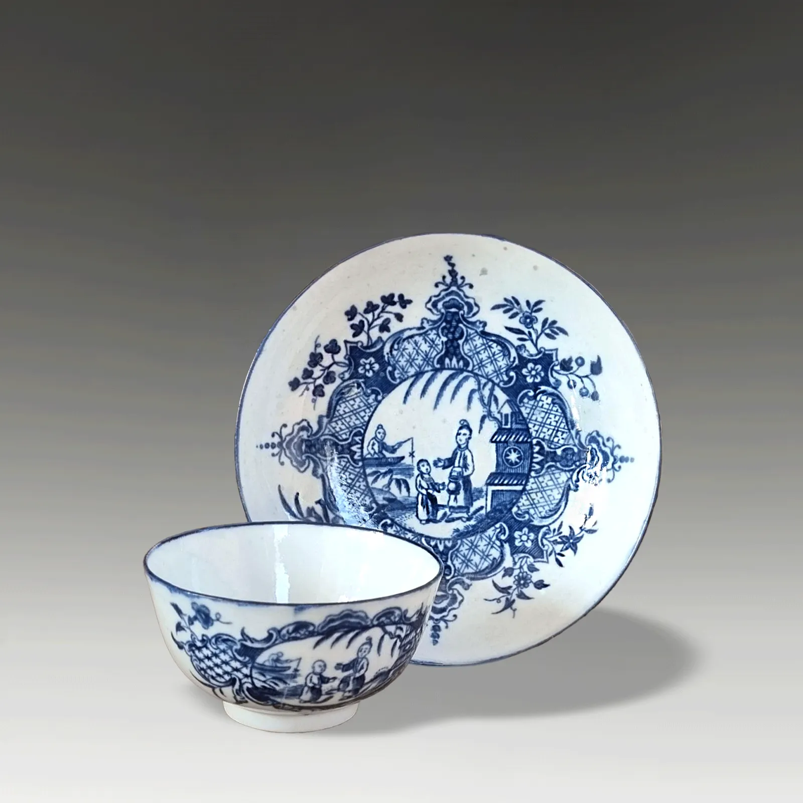 1st Period DR Wall Worcester "Mother & Child" Tea Bowl & Saucer C1760  Rare Mark