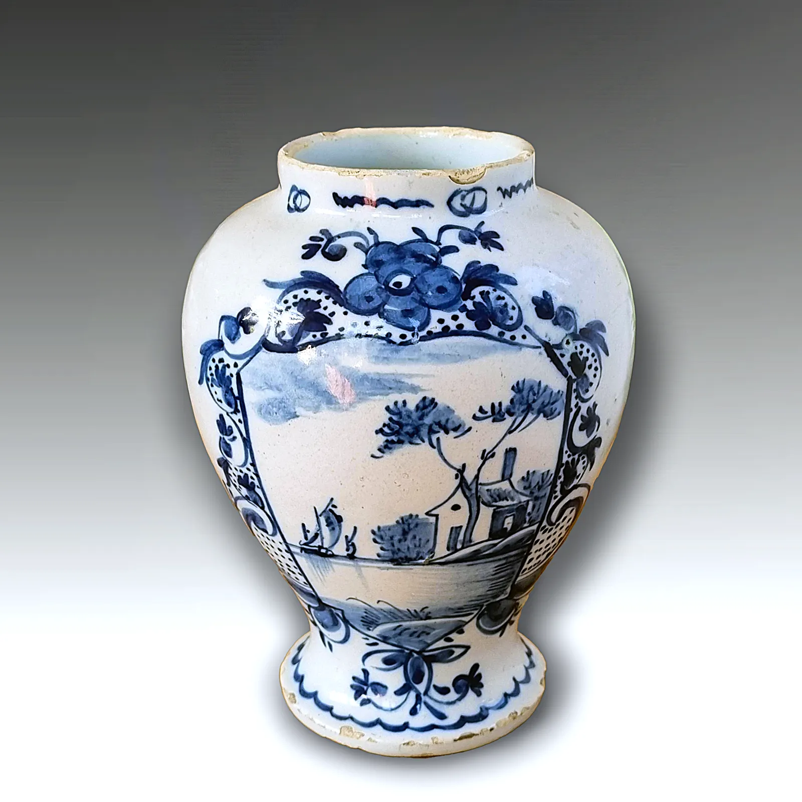 18th Century Dutch Delft Vase Superb Form And Decoration  River Scene  17cm H