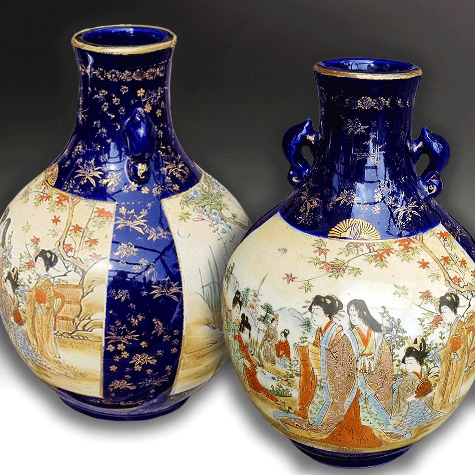 Kyo Satsuma Vases By Kusube. Superb Quality  Meiji Period  Gosu Blue And Gilding photo for sale