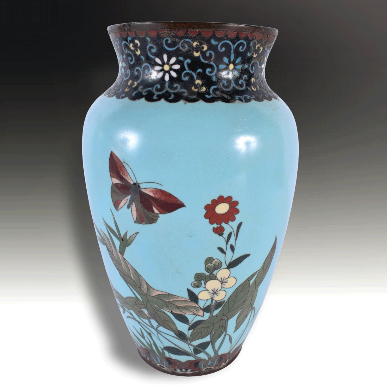 Japanese Cloisonne Large Vase  Meiji Period  Pale Blue Ground  Superb  24cm H photo for sale