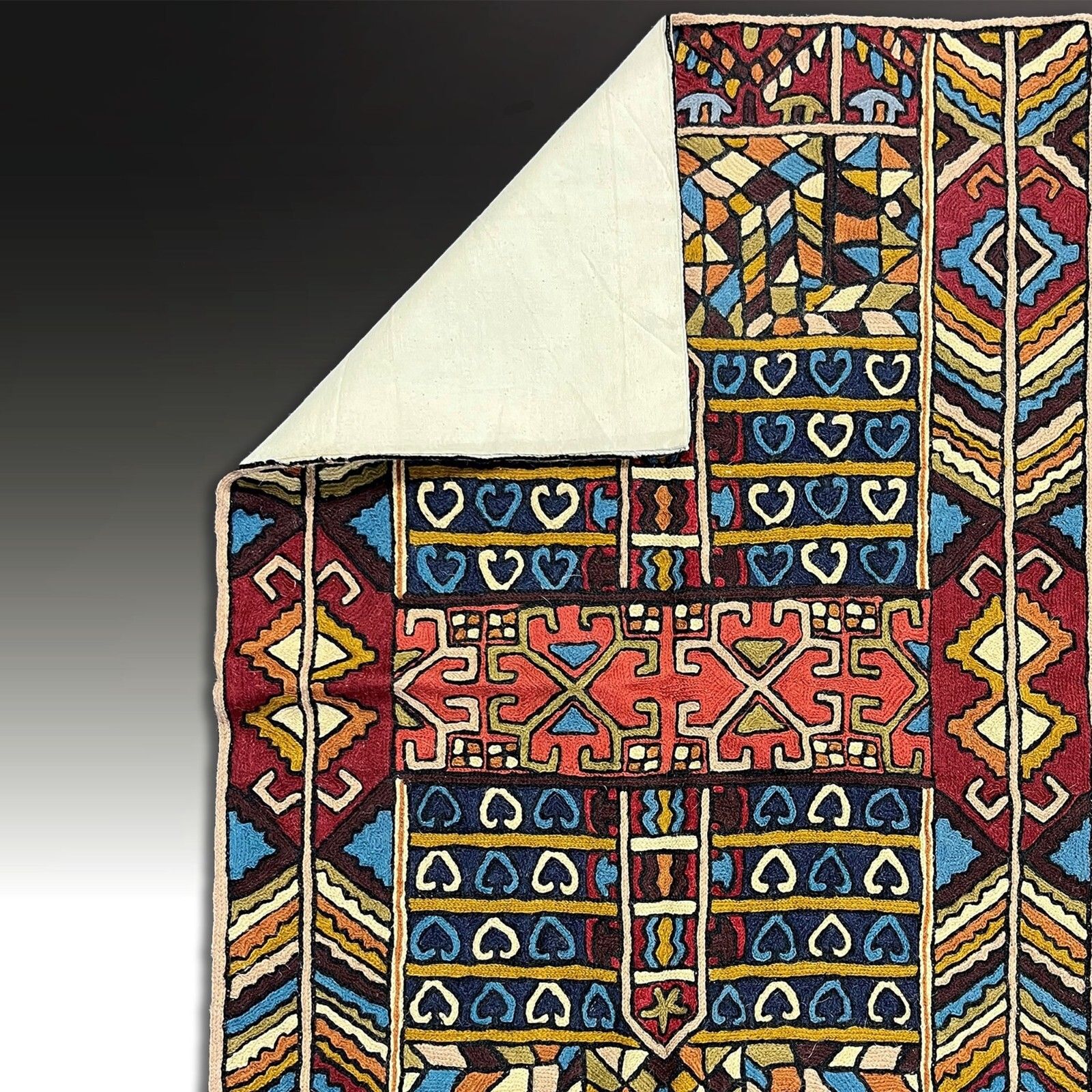 Kashmiri Hand Stitched Wool Chain Rug, 92cm X 60cm . Beautiful Colours. Perfect photo for sale