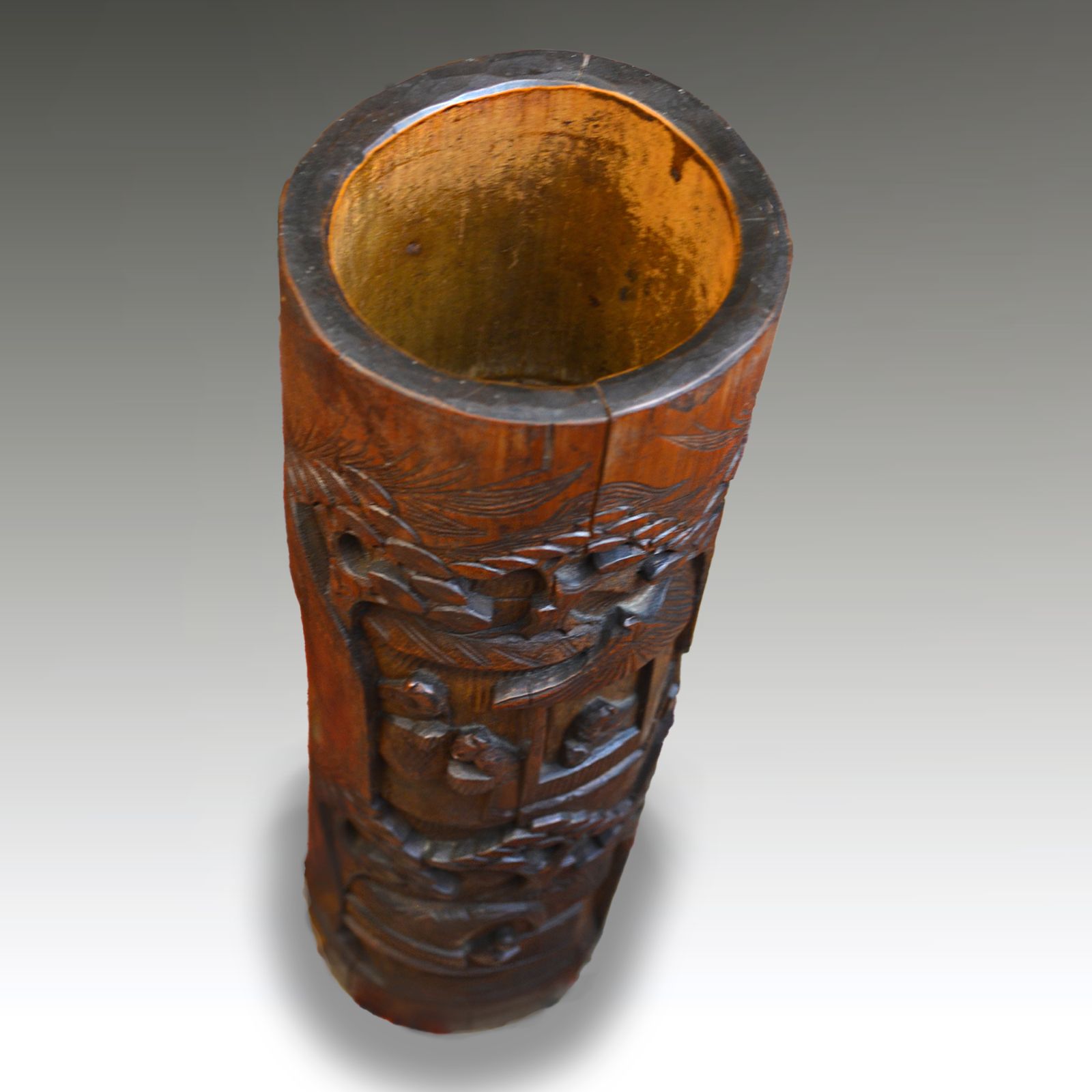 Chinese Carved Bamboo Incense Pot Qing Dynasty  19th Century  Good Colour 36cm H photo vintage