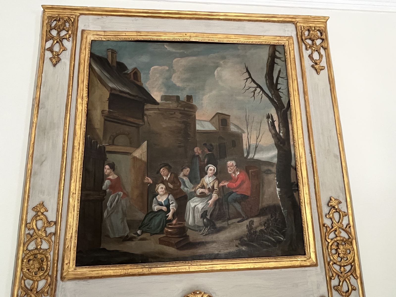Pair Exquisite Large Trumeau Grey And Gilt Wall Mirrors With Oil Paintings Of Pastoral Scenes photo vintage