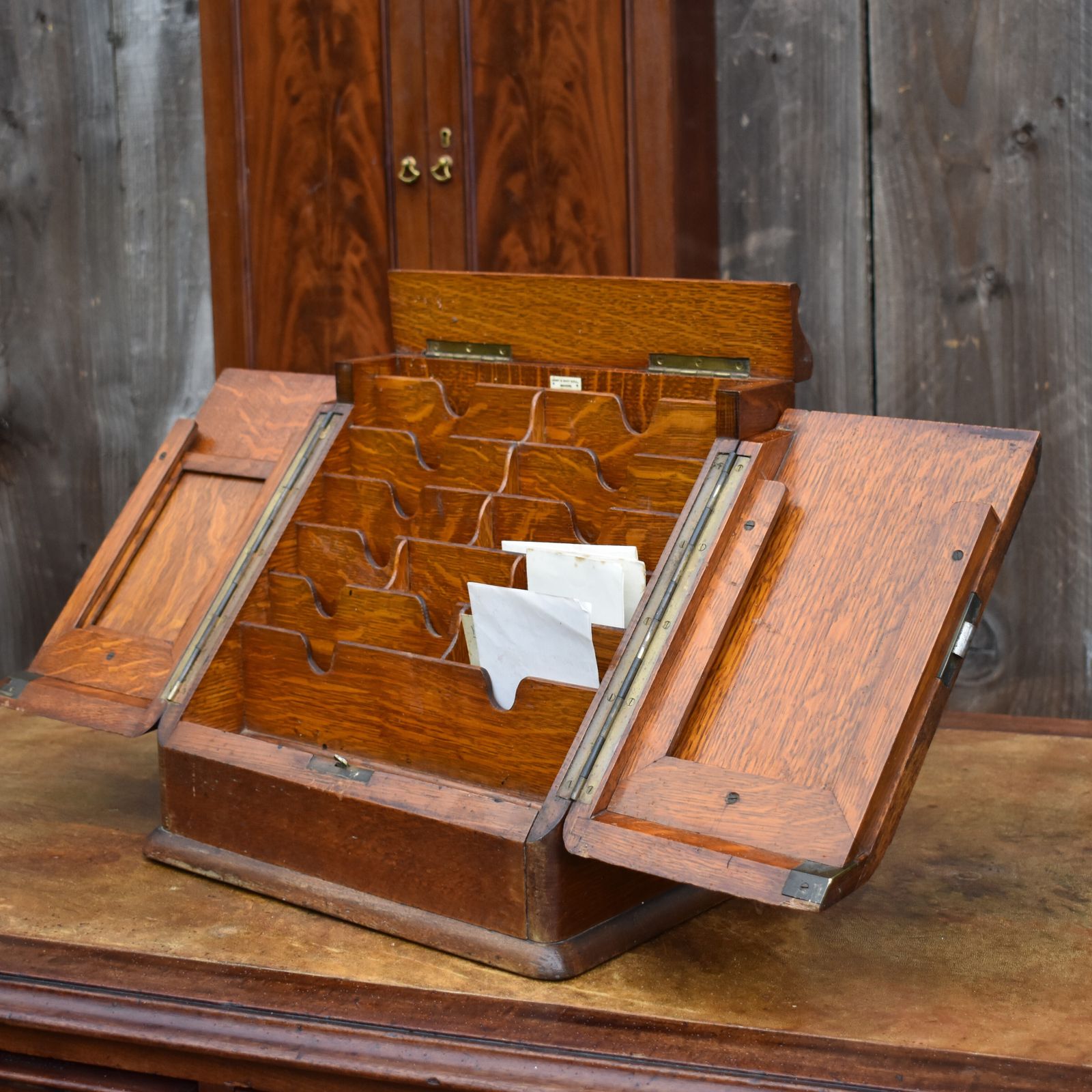 Antique Army & Navy English Oak Campaign Field Travelling Stationery Cabinet