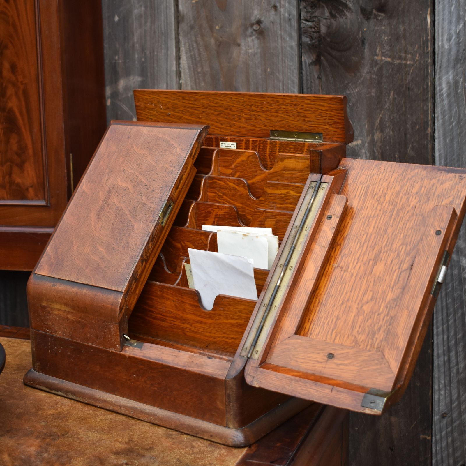 photo for sale Antique Army & Navy English Oak Campaign Field Travelling Stationery Cabinet